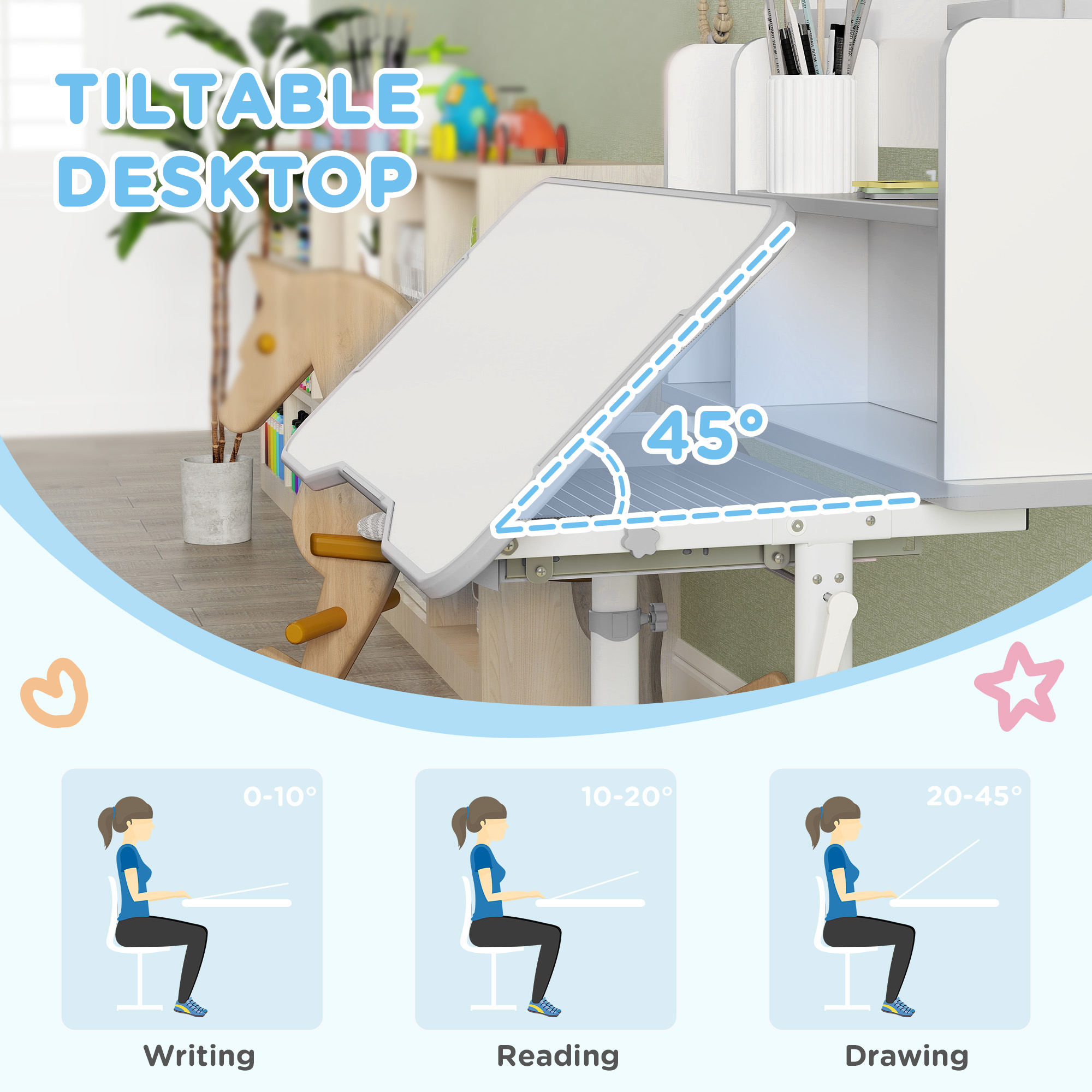Height Adjustable Kids Desk And Chair Set, Children School Study With Tiltable