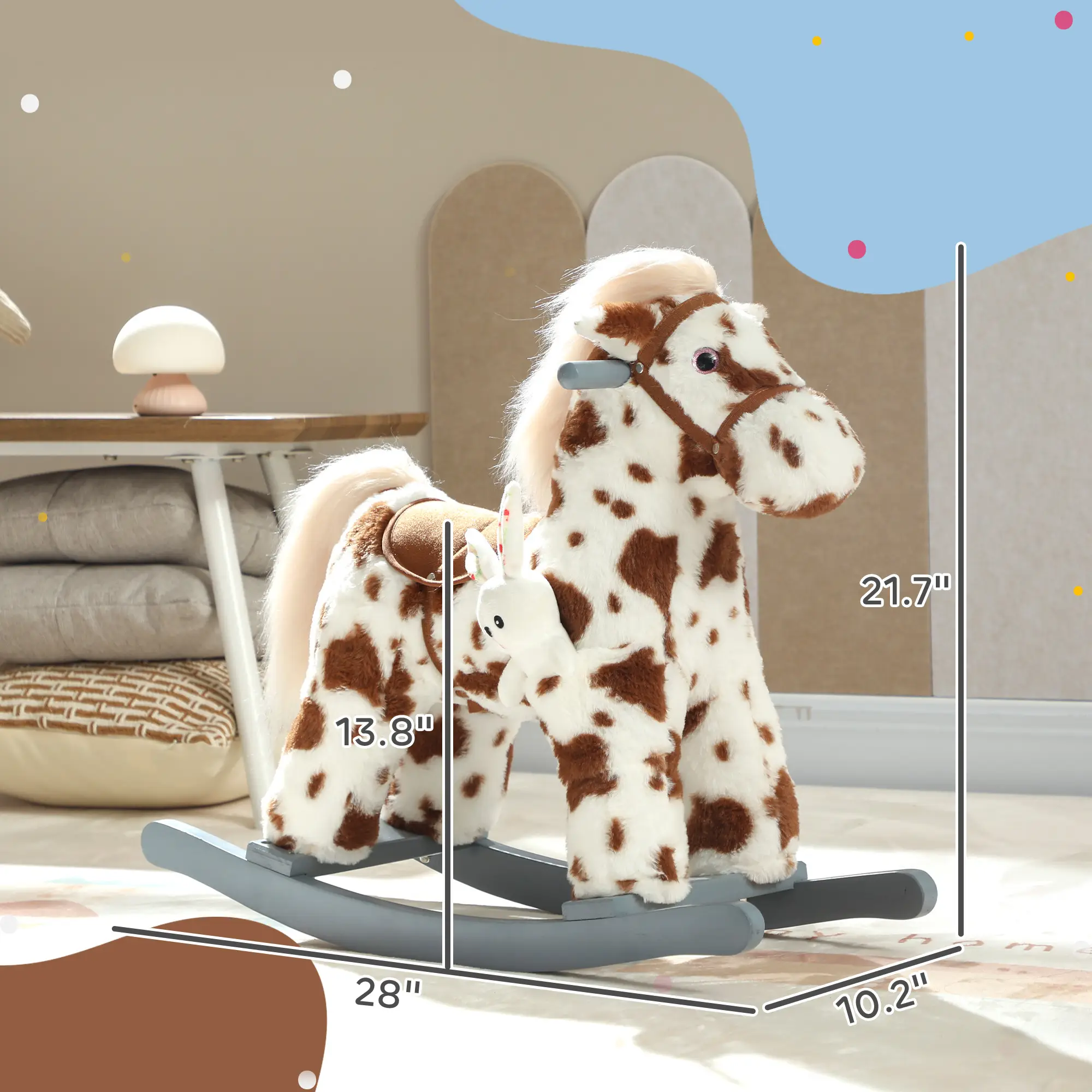Rocking Horse, Animal Rocker with Rabbit Toy and Realistic Neigh for Toddlers, Soft Filling Ride on Pony, Brown