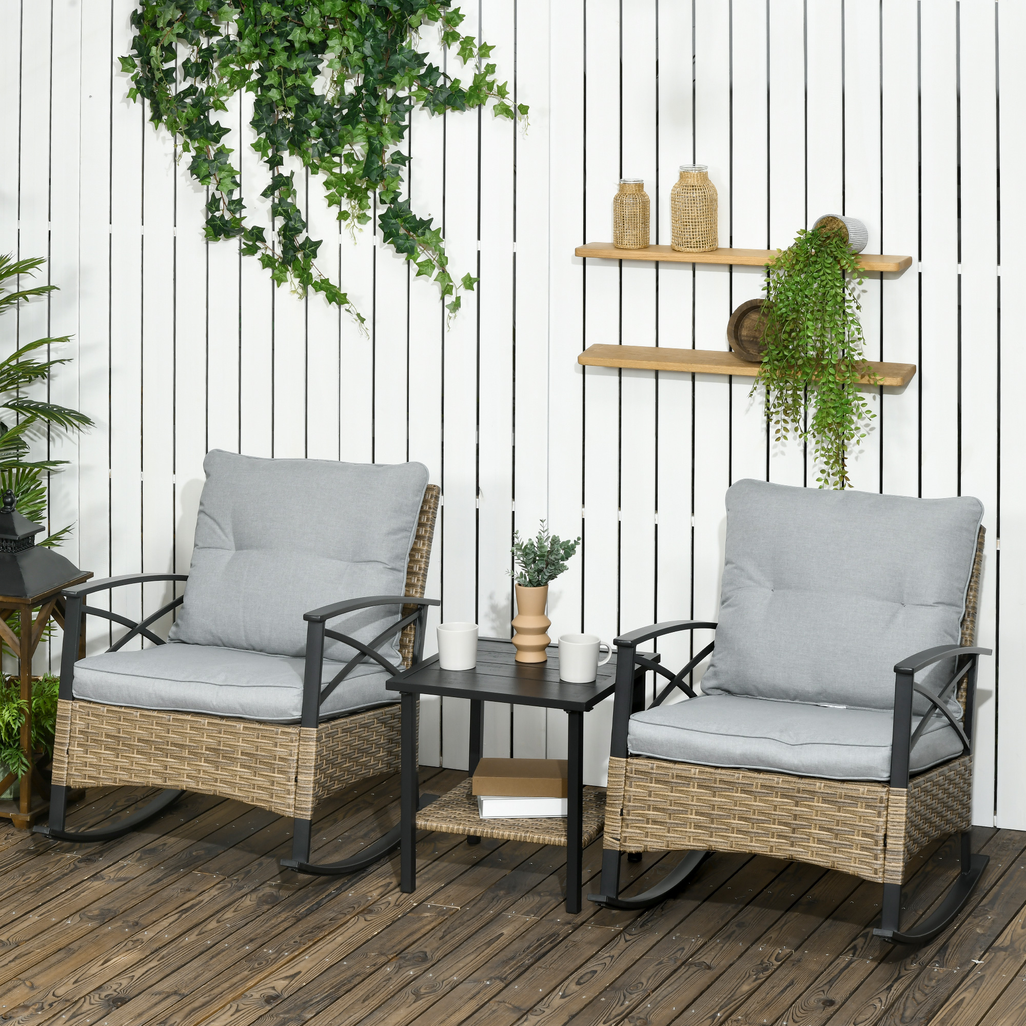3 Piece Patio Rocking Chair Set, Outdoor Wicker Bistro Set with 2 Oversize Cushioned Porch Rockers and 2 Tier Coffee Table for Garden, Porch, Backyard, Light Gray