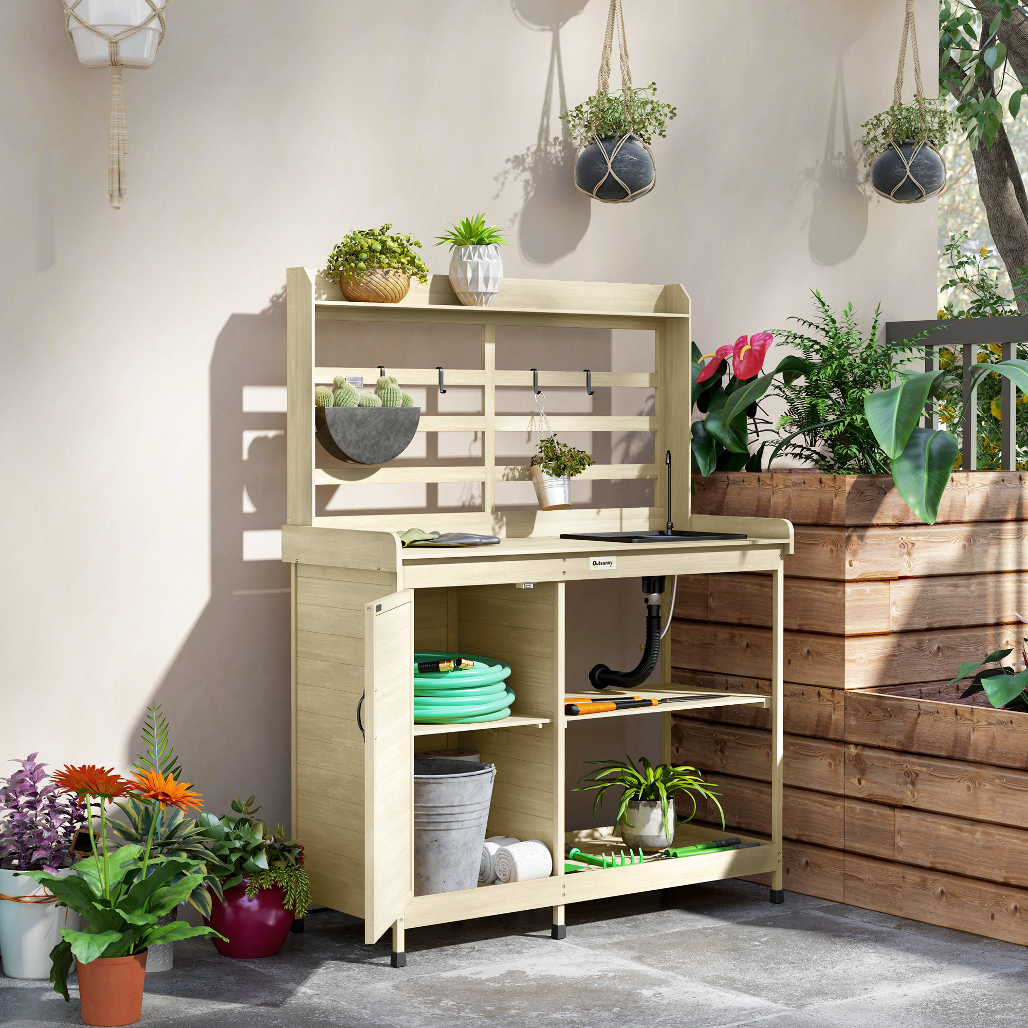 Wooden Potting Bench with Storage, Sink, Water Tap for Backyard, Patio, Balcony, Natural