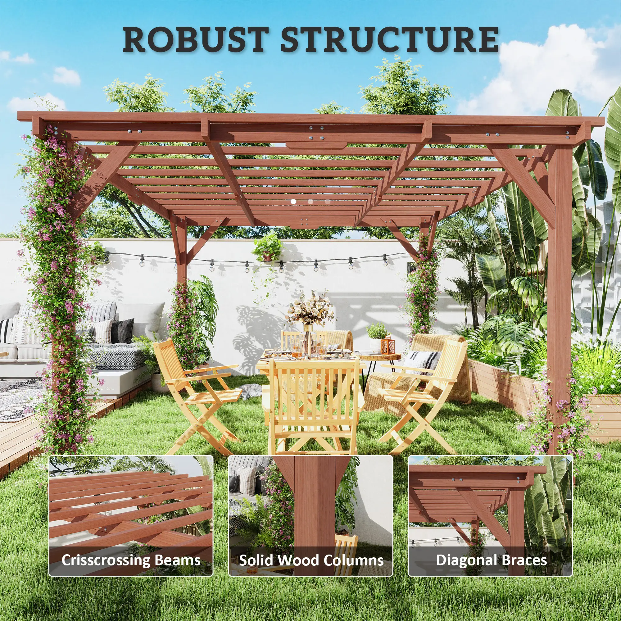 11 x 12.5 Outdoor Wood Pergola with Grape Trellis for Patio, Deck, Backyard, Lawn