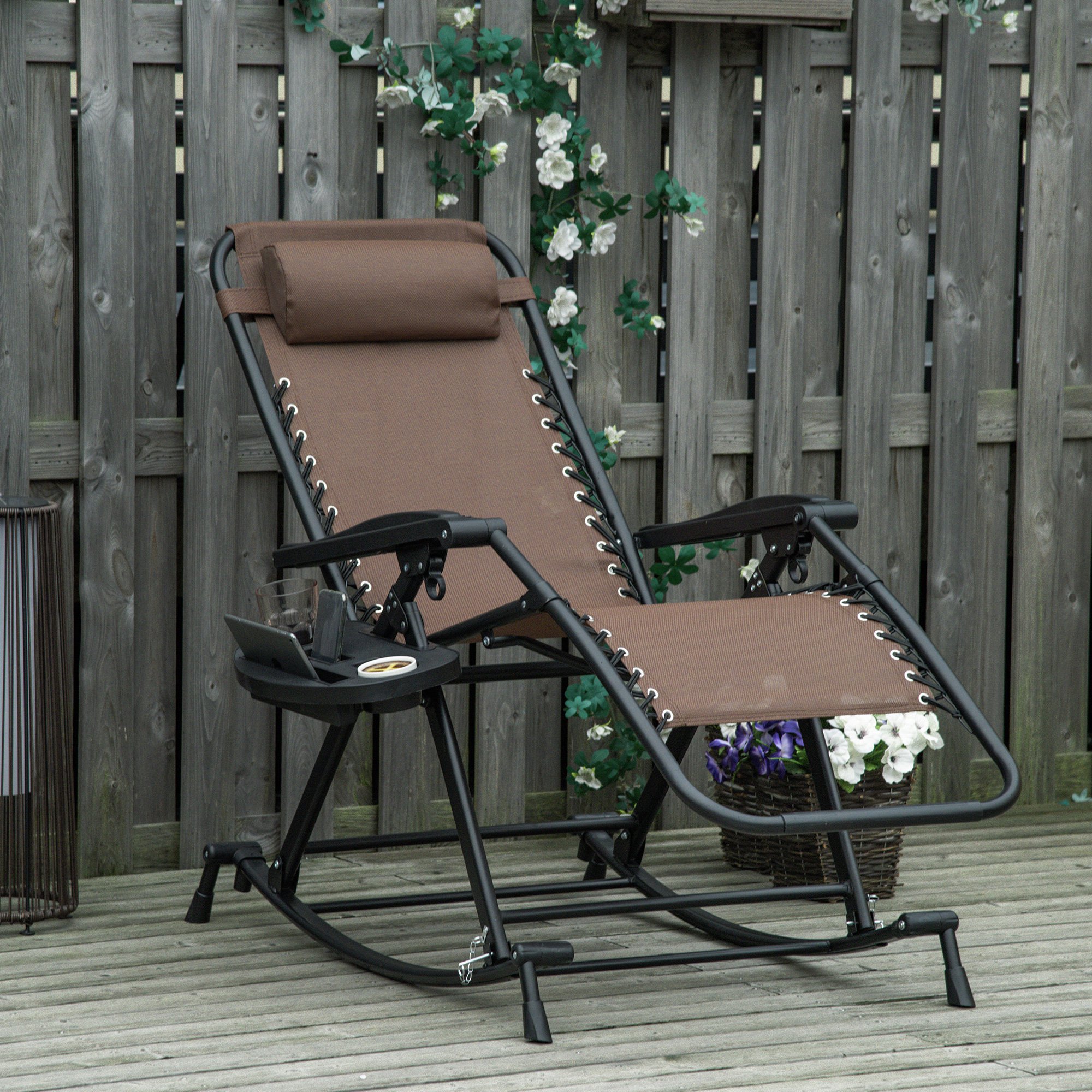  Outdoor Rocking Chairs, Foldable Reclining Zero Gravity Lounge Rocker with Pillow, Cup & Phone Holder, Combo Design with Folding Legs, Brown