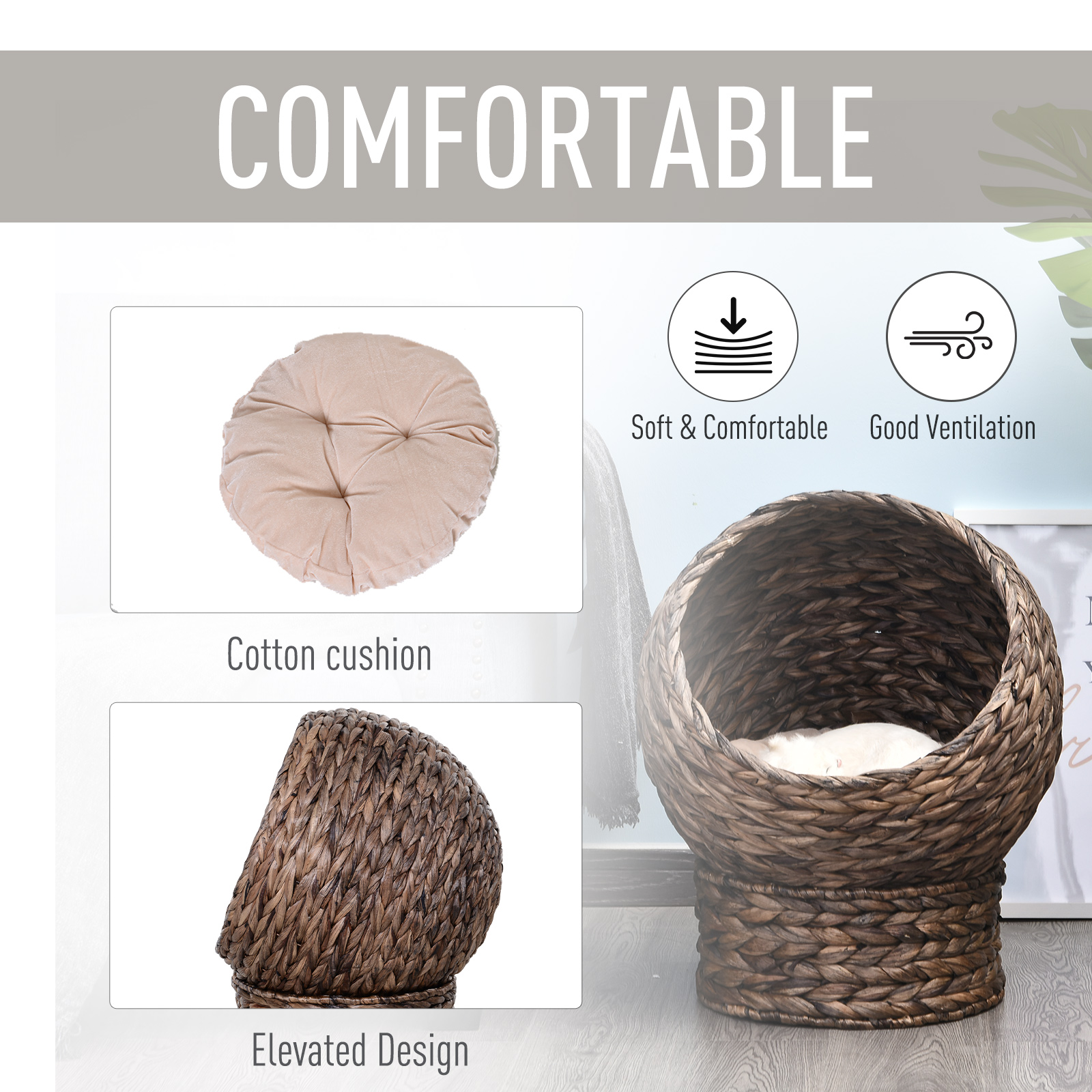  Handwoven Elevated Cat Bed with Rotating Basket and Soft Cushion, Wicker Cat Egg Chair with Stand, Brown