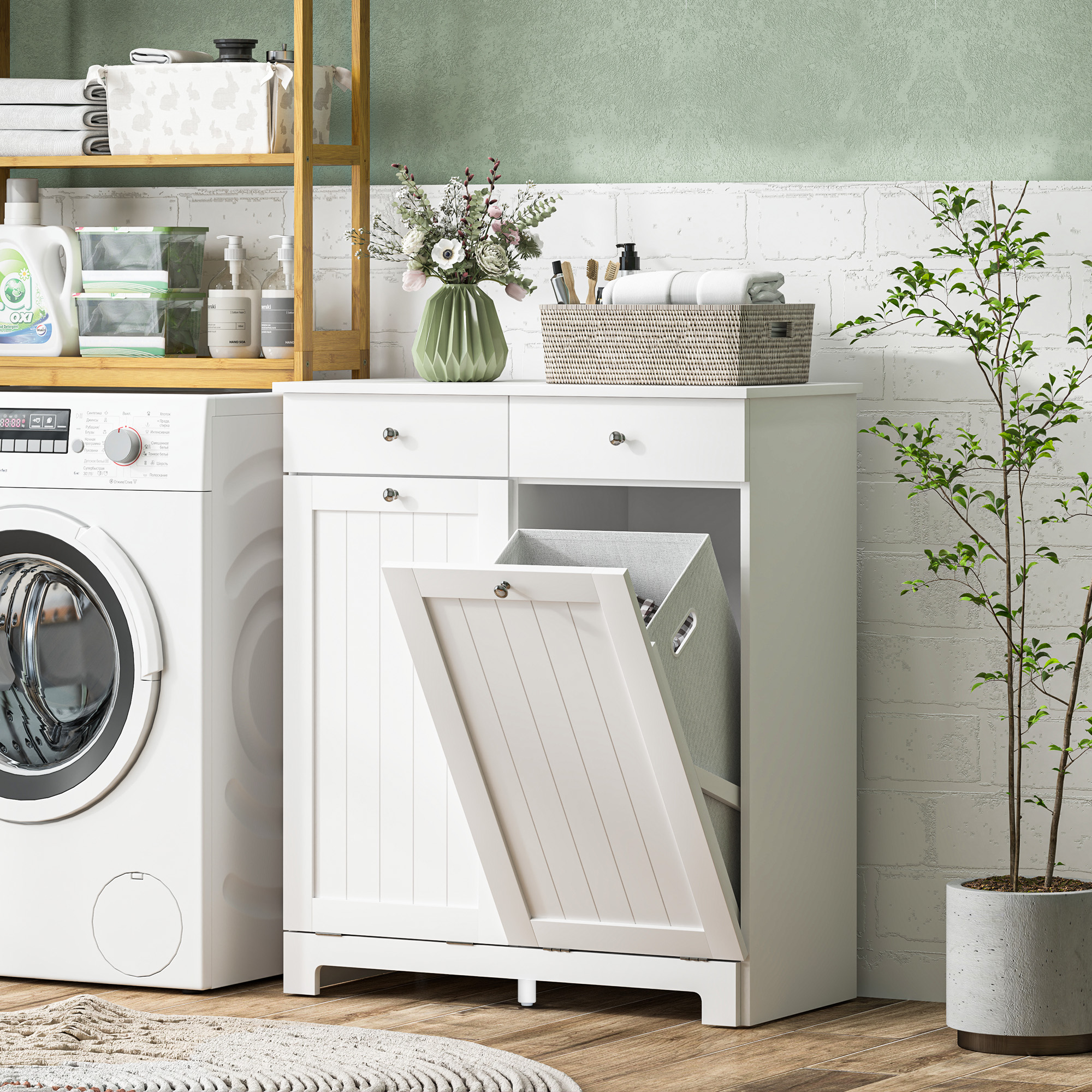  Laundry Hamper Cabinet, Laundry Cabinet with 2 Tilt Out Laundry Baskets and 2 Drawers, White