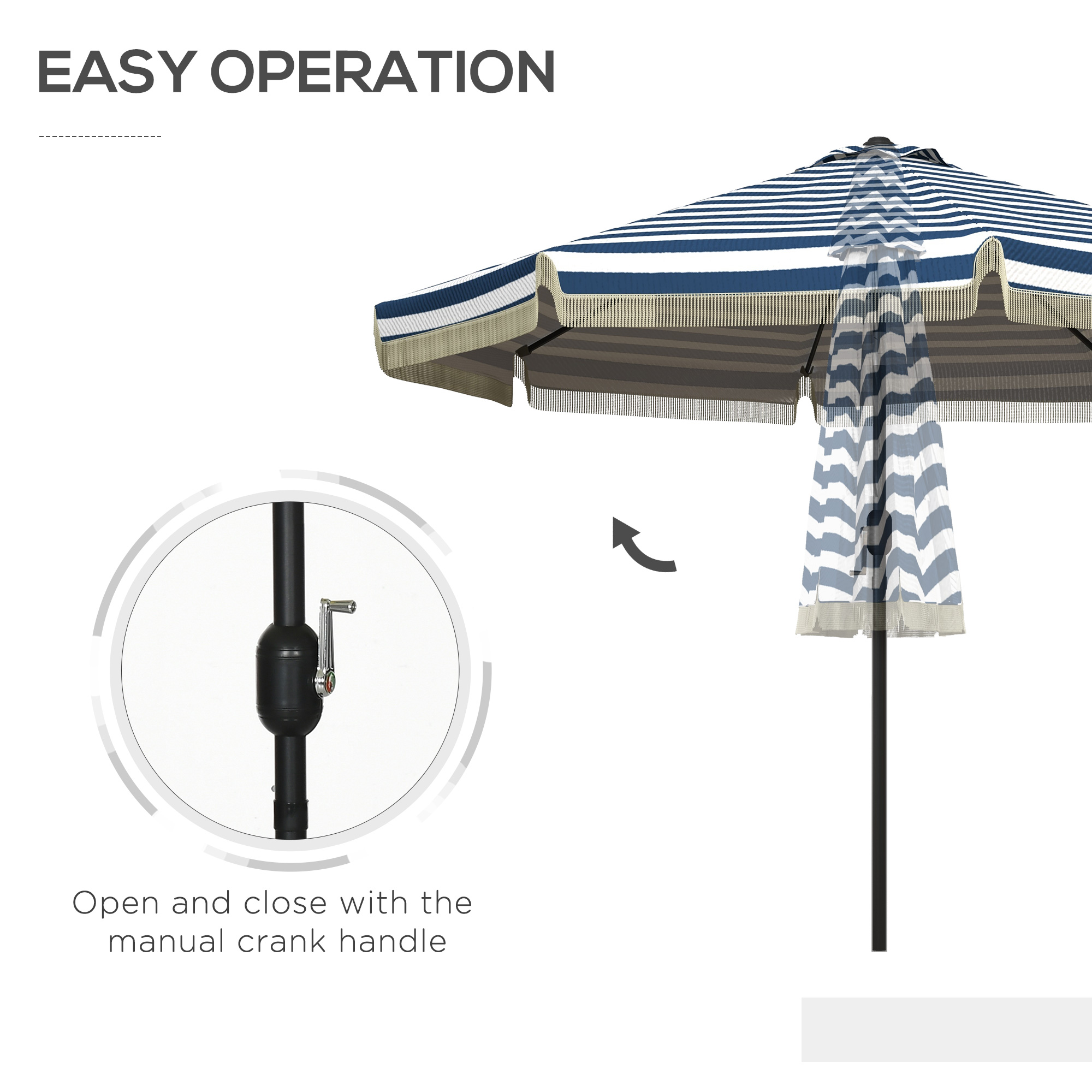 9ft Patio Umbrella Outdoor Table Umbrella w/ Tilt, Crank, Ruffled, 8 Ribs for Garden, Deck, Pool, Blue Stripe - Image 5