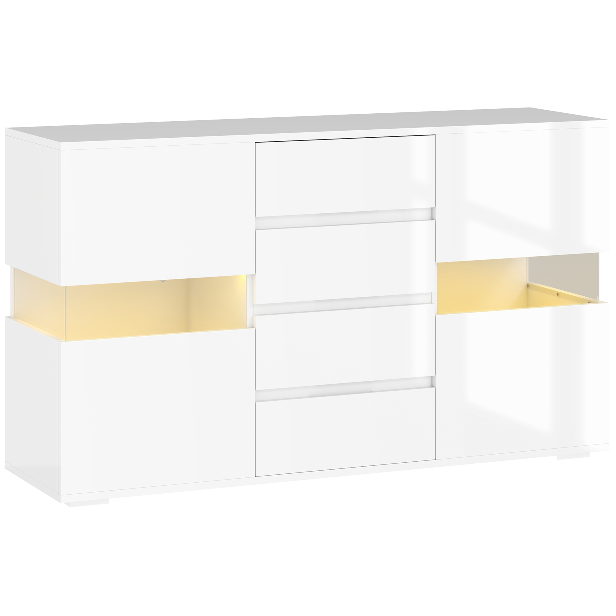 High gloss white LED sideboard with four drawers and open shelves