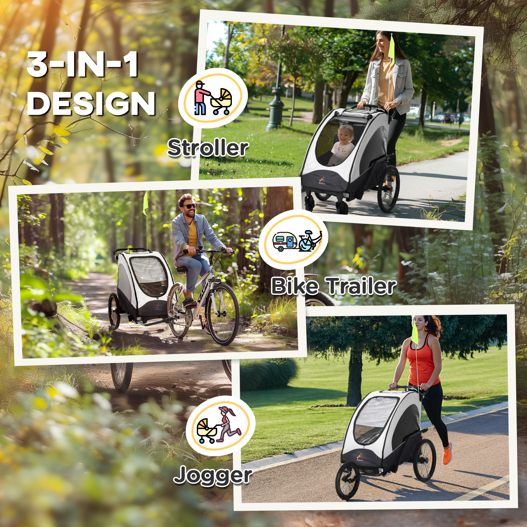 Bike Trailer for Kids 3 In1 Foldable Child Jogger Stroller Baby Stroller Transport Carrier with Shock Absorber System Rubber Tires Adjustable Handlebar Kid Bicycle Trailer White and Grey