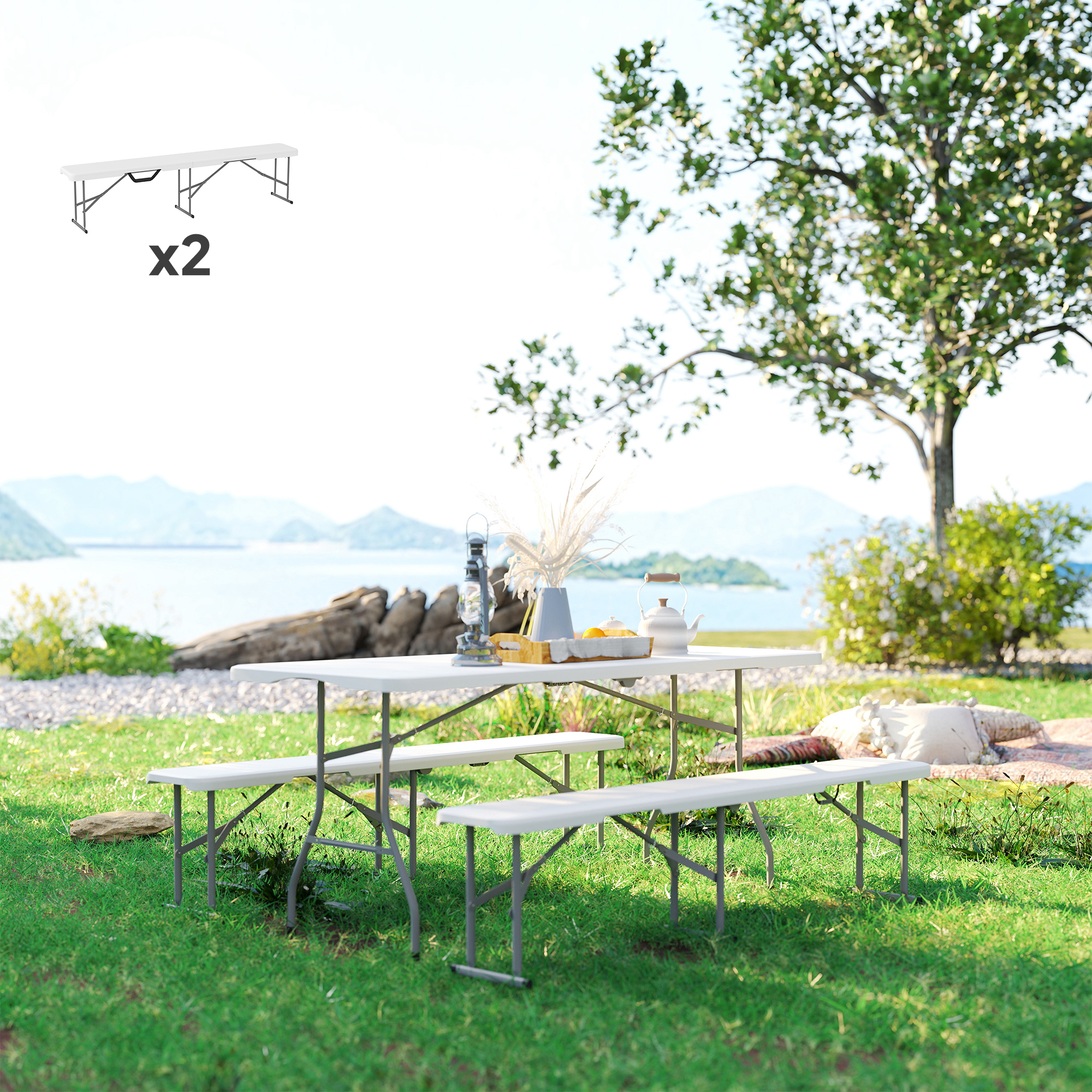 2 Pack 6 ft Portable Foldable Bench Seats, Plastic Folding Benches with Carrying Handle for Camping, White