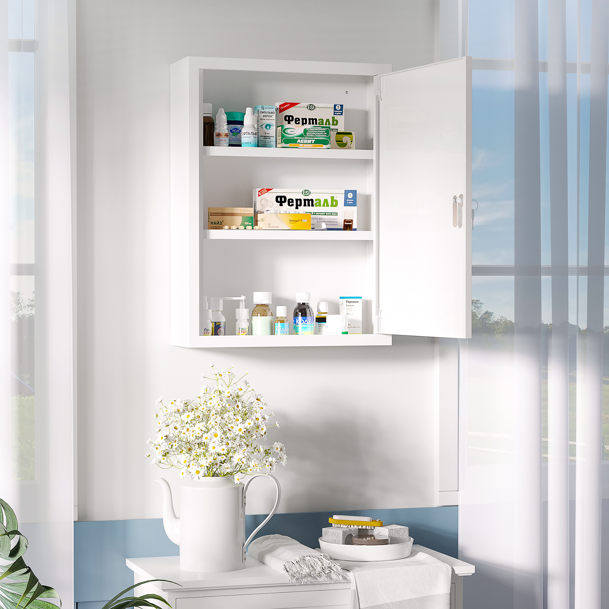  16" x 21" Lockable Medicine Cabinet, 3 Tier Steel Medical Wall Box with 2 Keys and Shelves for Bathroom, White