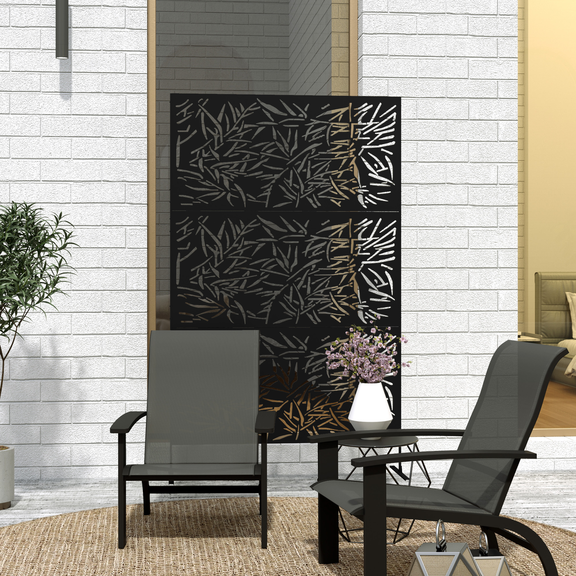 Decorative Privacy Fence Screen, Metal Outdoor Privacy Screen Climbing Plant Trellis with Stand, Bamboo Black