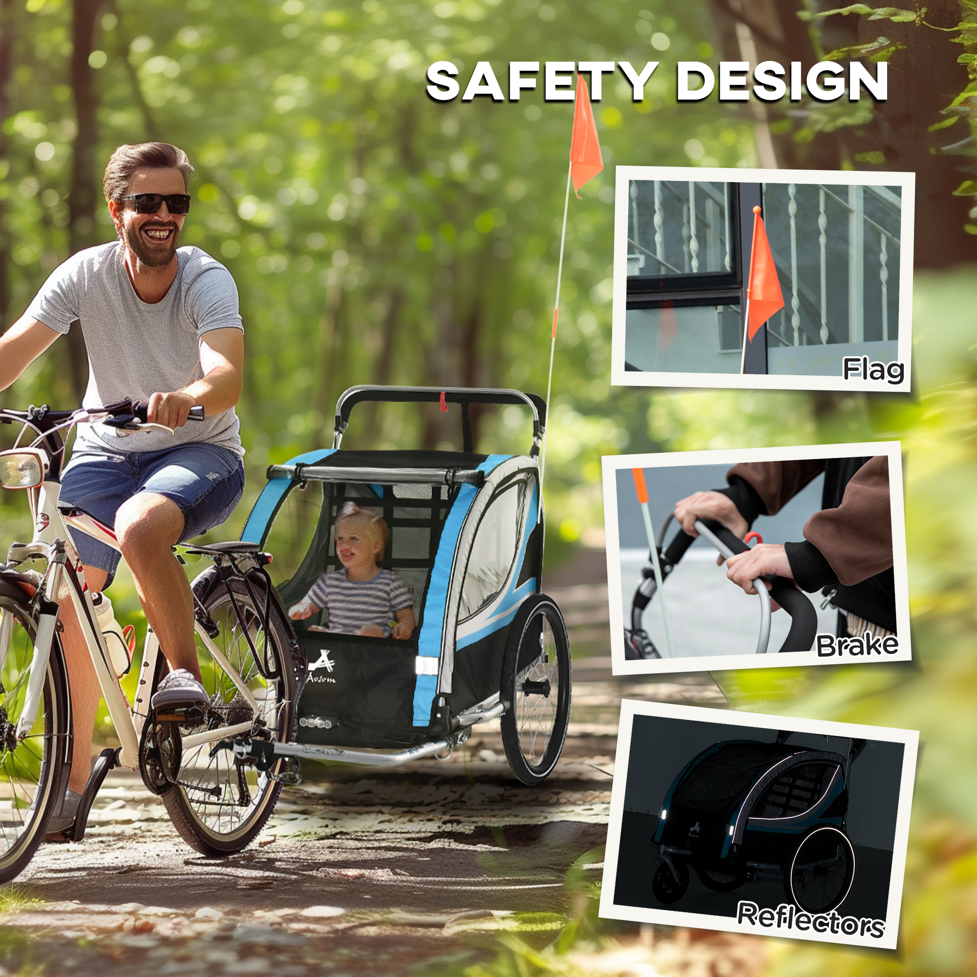 3-in-1 Bike Trailer for Kids, Running Stroller with 2 Seats, Jogging Cart with 5-Point Harness, Storage Units, Blue