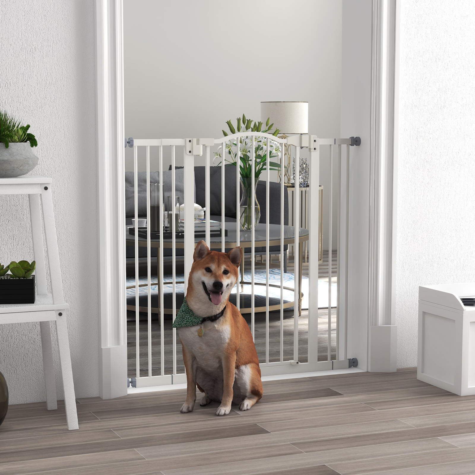 PawHut Pressure Fit Dog Stair Gate No Drilling Safety Gate Auto Close For Doorways, Hallways, 74-100cm Adjustable, 94cm Tall, White