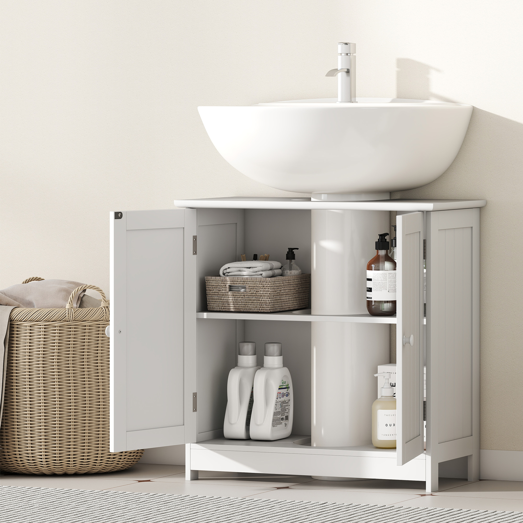  Under Sink Bathroom Cabinet, Pedestal Sink Storage Cabinet with 2 Doors, Shelf and U-Shape, White image 6
