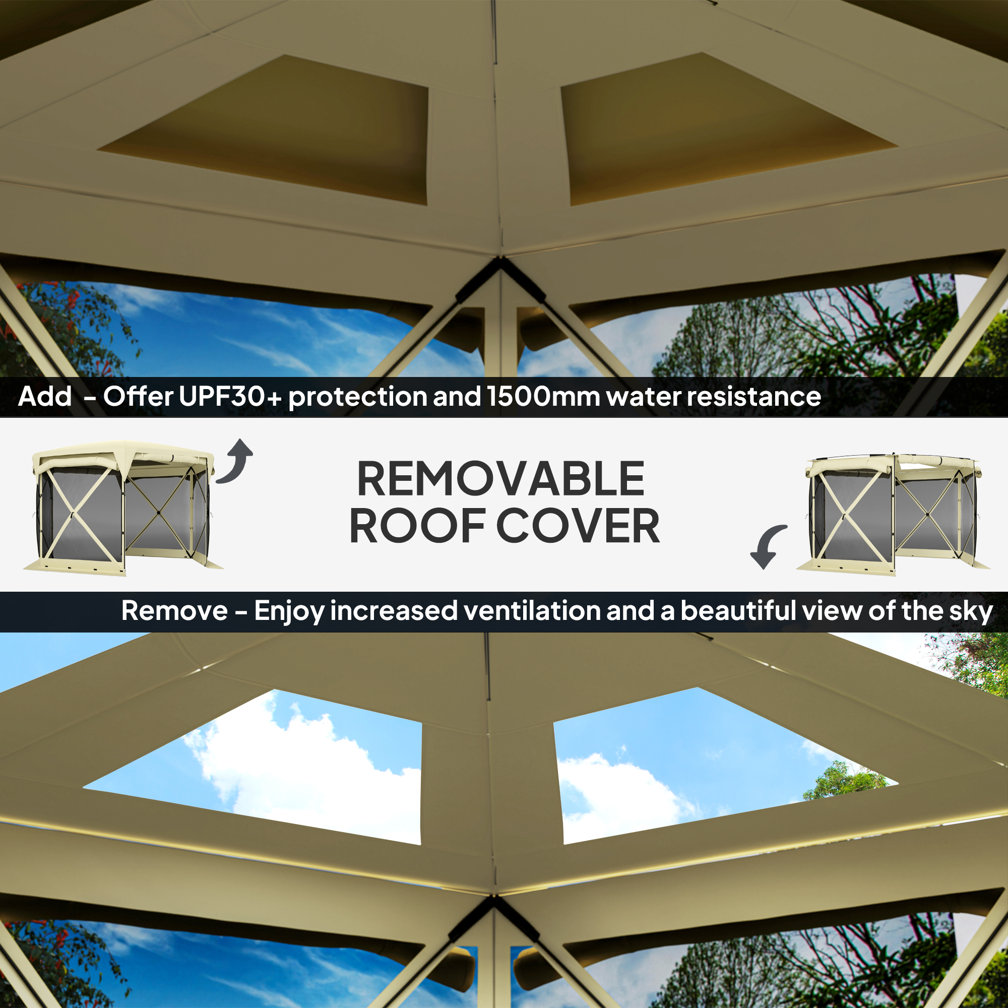 11 x 11ft Pop Up Gazebo Screen Tent with Removable Roof Cover, Roll-up Wind Panels for Camping, Backyard, Beige - Image 5