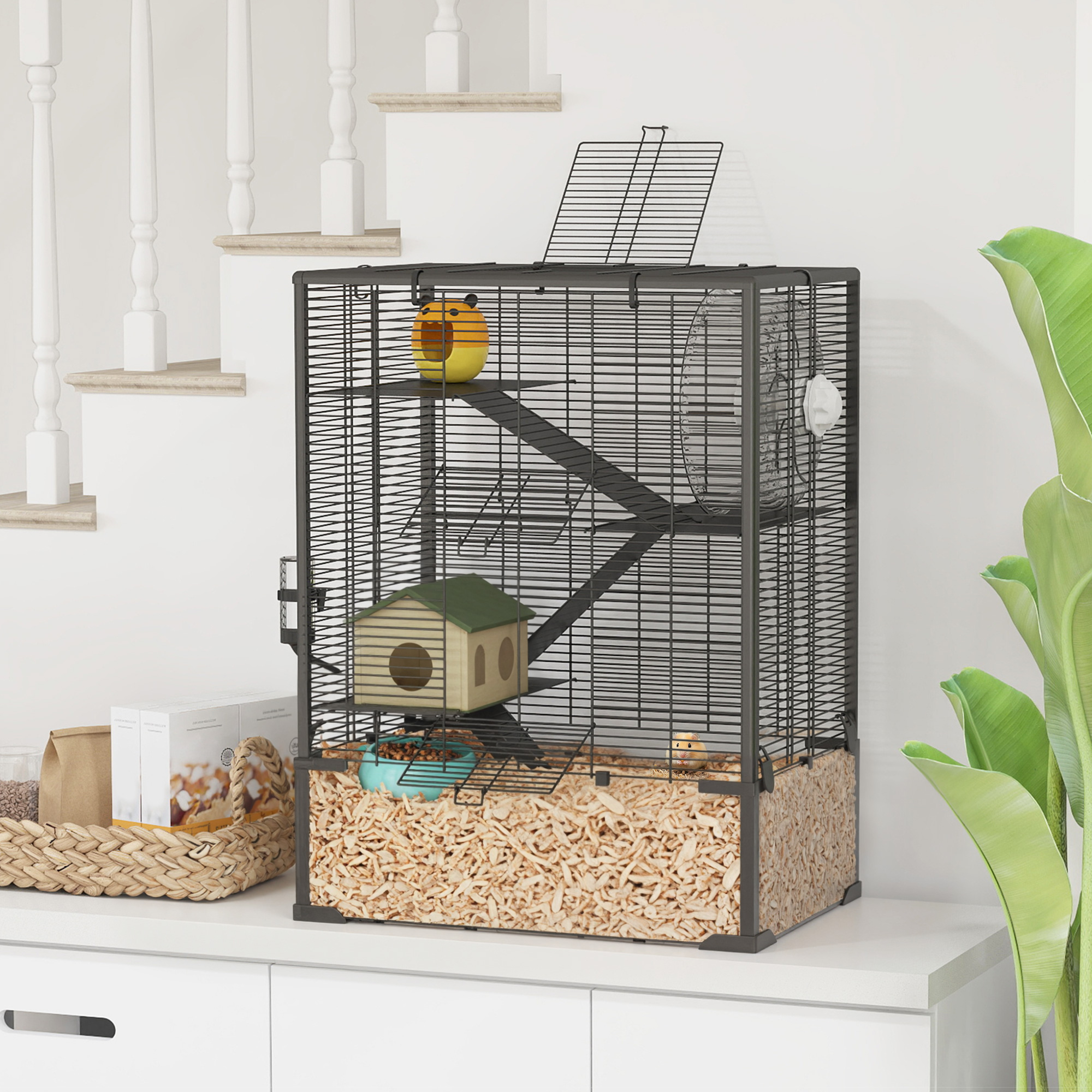  4 Tier Hamster Cage with Deep Tempered Glass Bottom, Running Wheel, Hut, Water Bottle, Food Dish, 24" x 16" x 31.5"