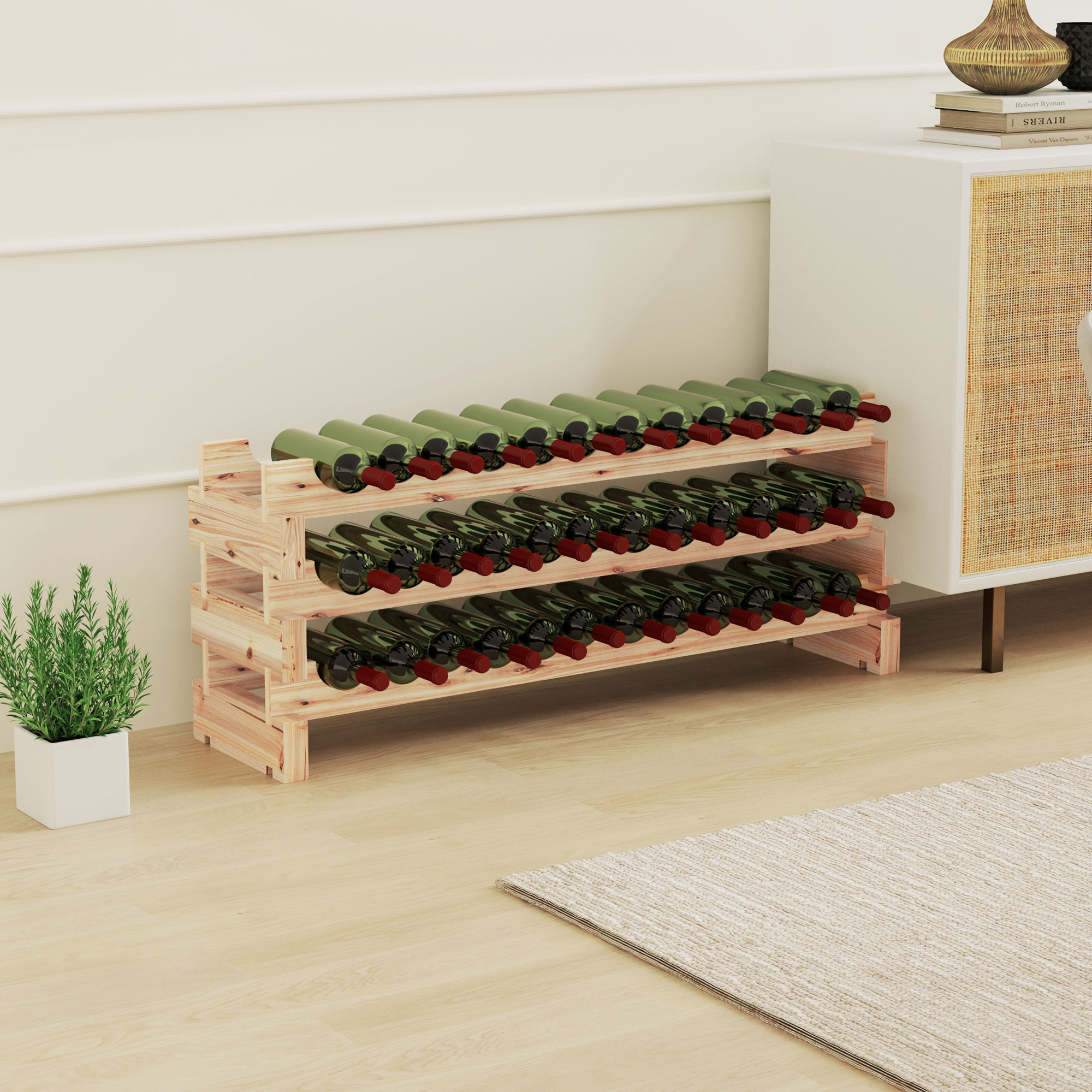 Three-tier, 36 bottle wooden wine rack - natural (natural