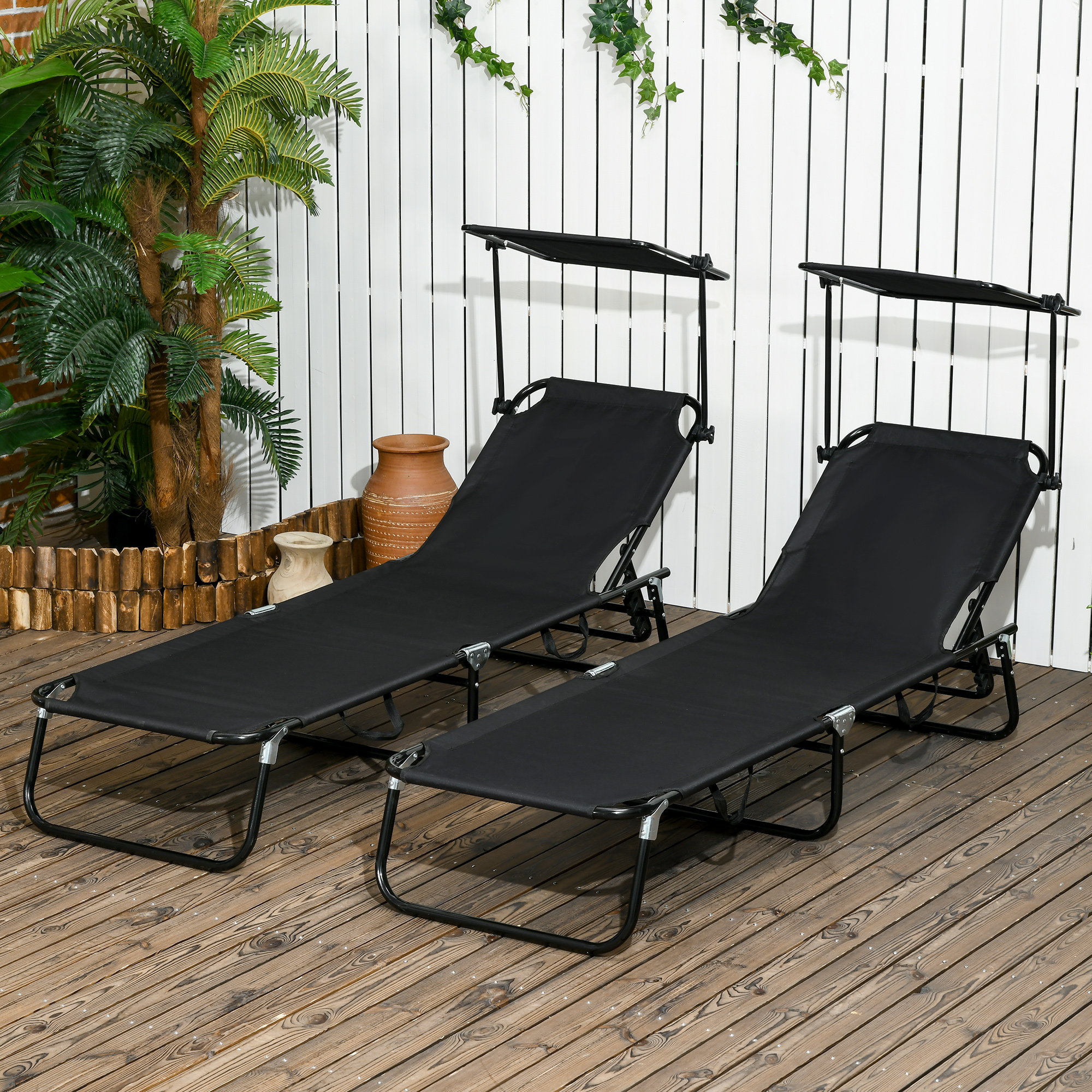Folding Chaise Lounge Pool Lounge Chairs Set of 2, Outdoor Sun Tanning Chairs with Canopy Shade, Reclining Back, Steel Frame and Side Pocket for Beach, Yard, Patio, Black