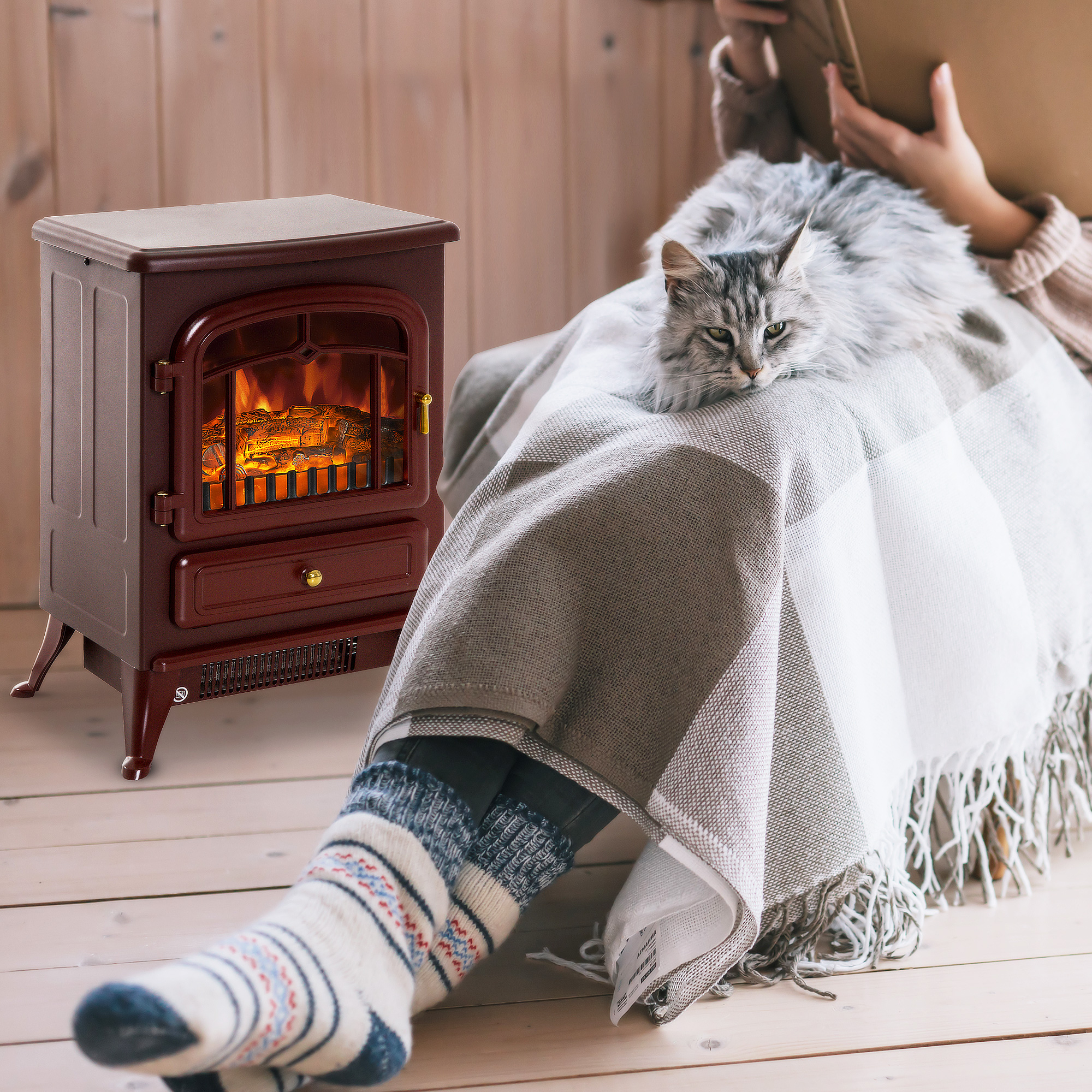  22" Electric Fireplace Heater, Freestanding Fire Place Stove with Realistic LED Flames and Logs, and Overheating Protection, 725W/1450W, Red
