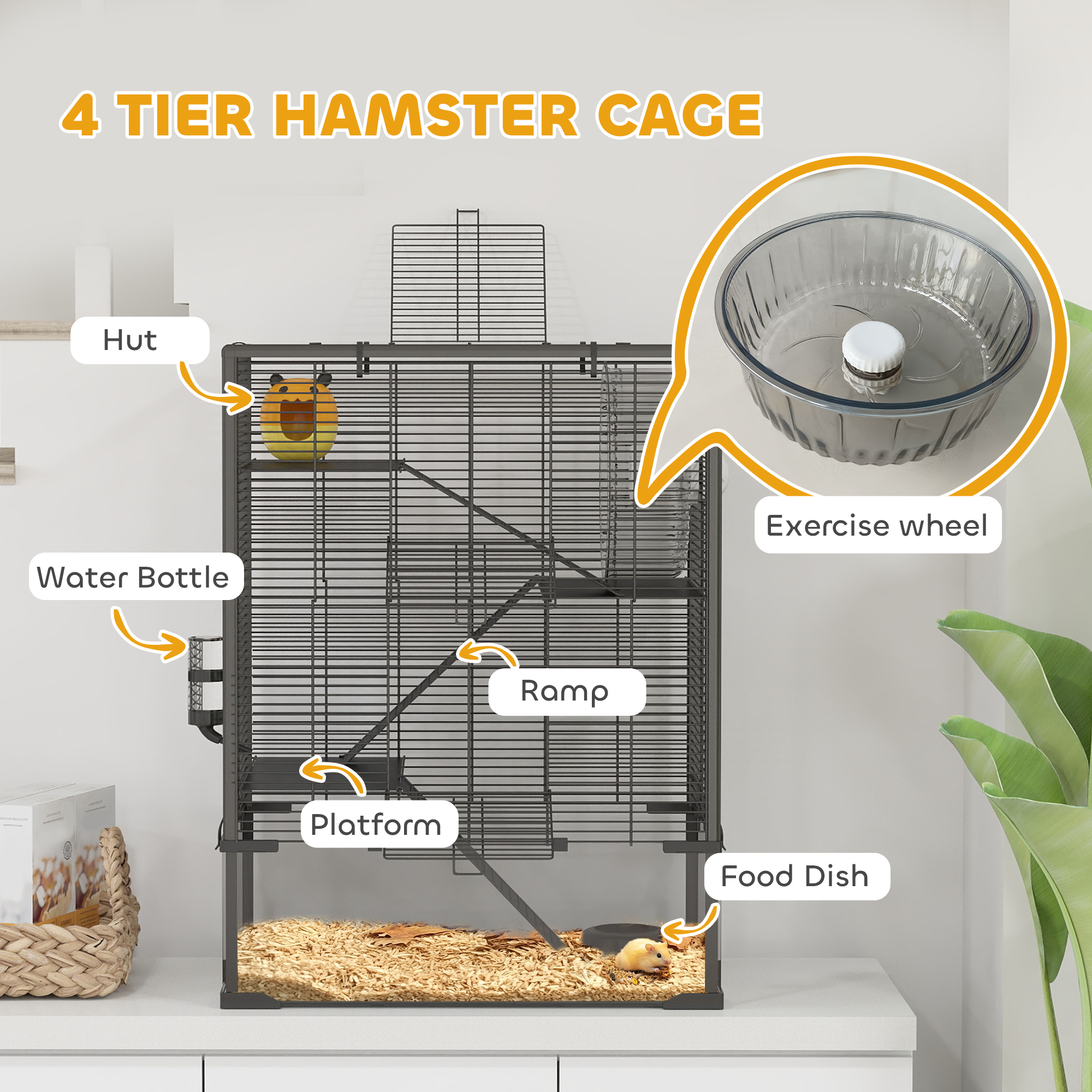  4 Tier Hamster Cage with Deep Tempered Glass Bottom, Running Wheel, Hut, Water Bottle, Food Dish, 24" x 16" x 31.5"