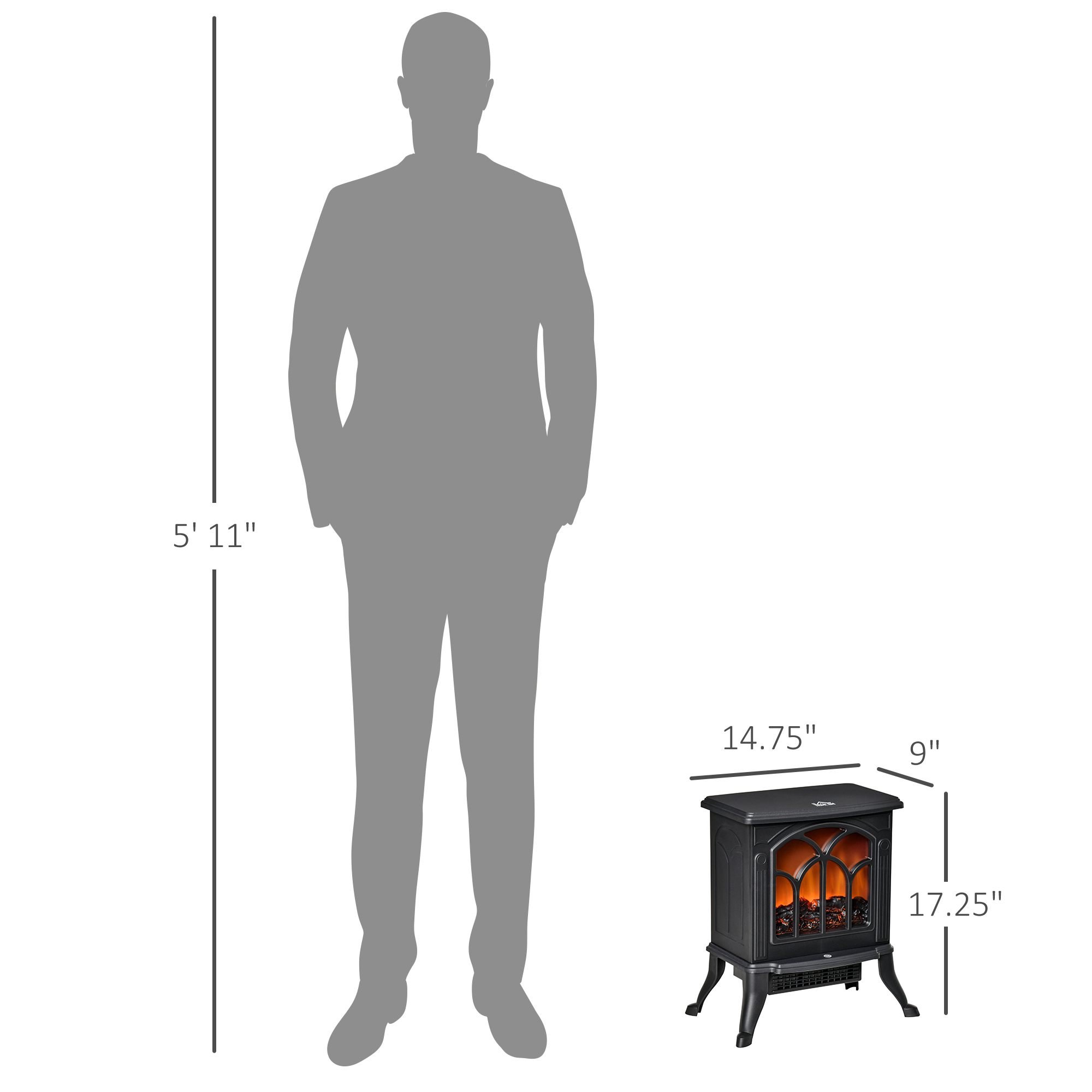  Electric Fireplace Heater, Freestanding Fireplace Stove with Realistic Logs and Flame Effect, 750W/1500W, Black image 2