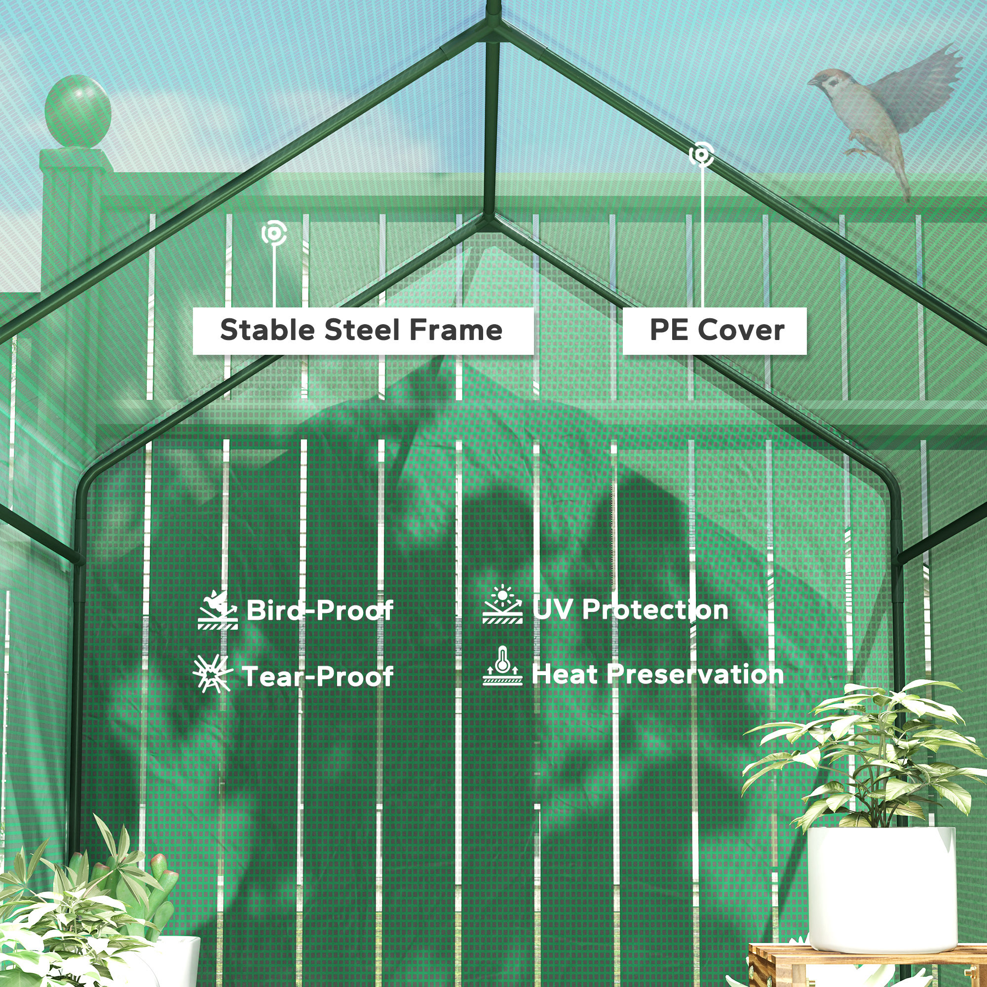 120 X 186cm Walk-In Greenhouse, With Shelves - Green