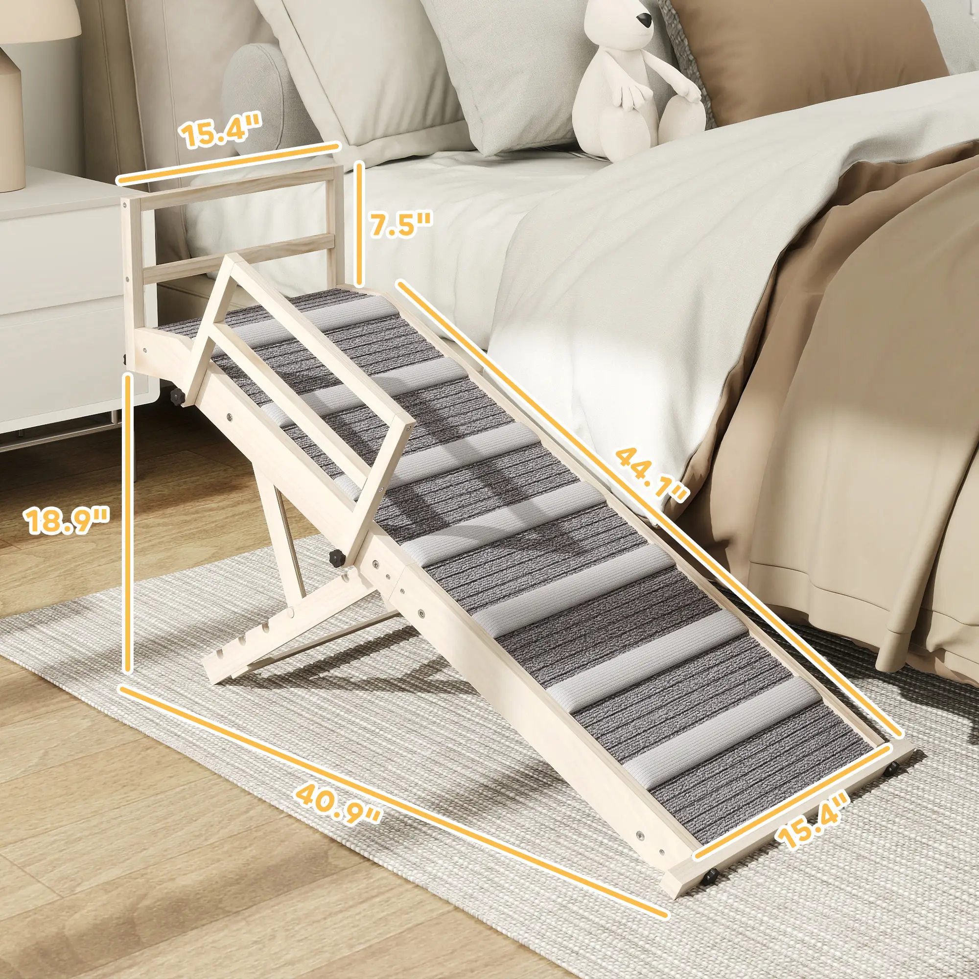 Dog Ramp, Folding Pet Ramp, 4 Adjustable Height from 15" to 19", Dog Step with Side Rails for Small to Large Pets