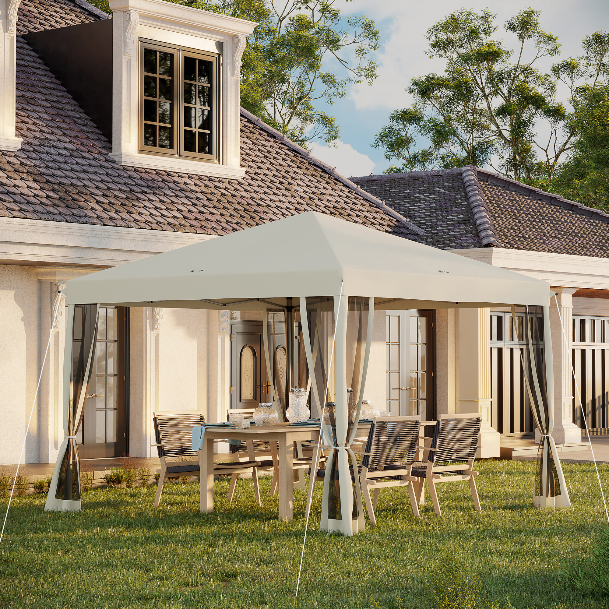 10 x 10 Pop Up Canopy Tent with Netting, Instant Gazebo, Screen House Room with Carry Bag, Height Adjustable, for Outdoor, Garden, Patio, Camping, Beige