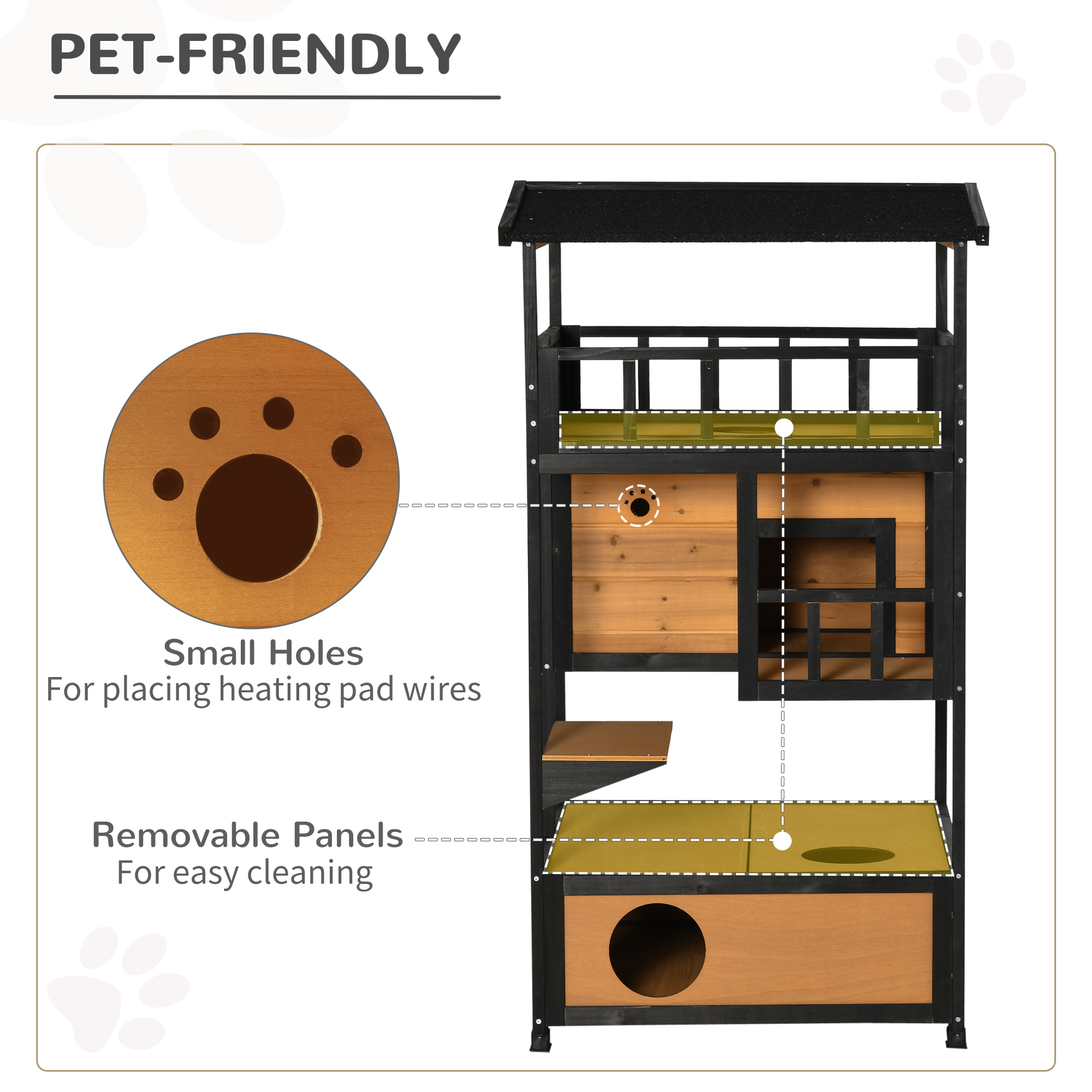  Wooden Outdoor Cat House, Feral Cat Shelter Kitten Condo with Asphalt Roof, Escape Doors, Condo, Jumping Platform, Yellow