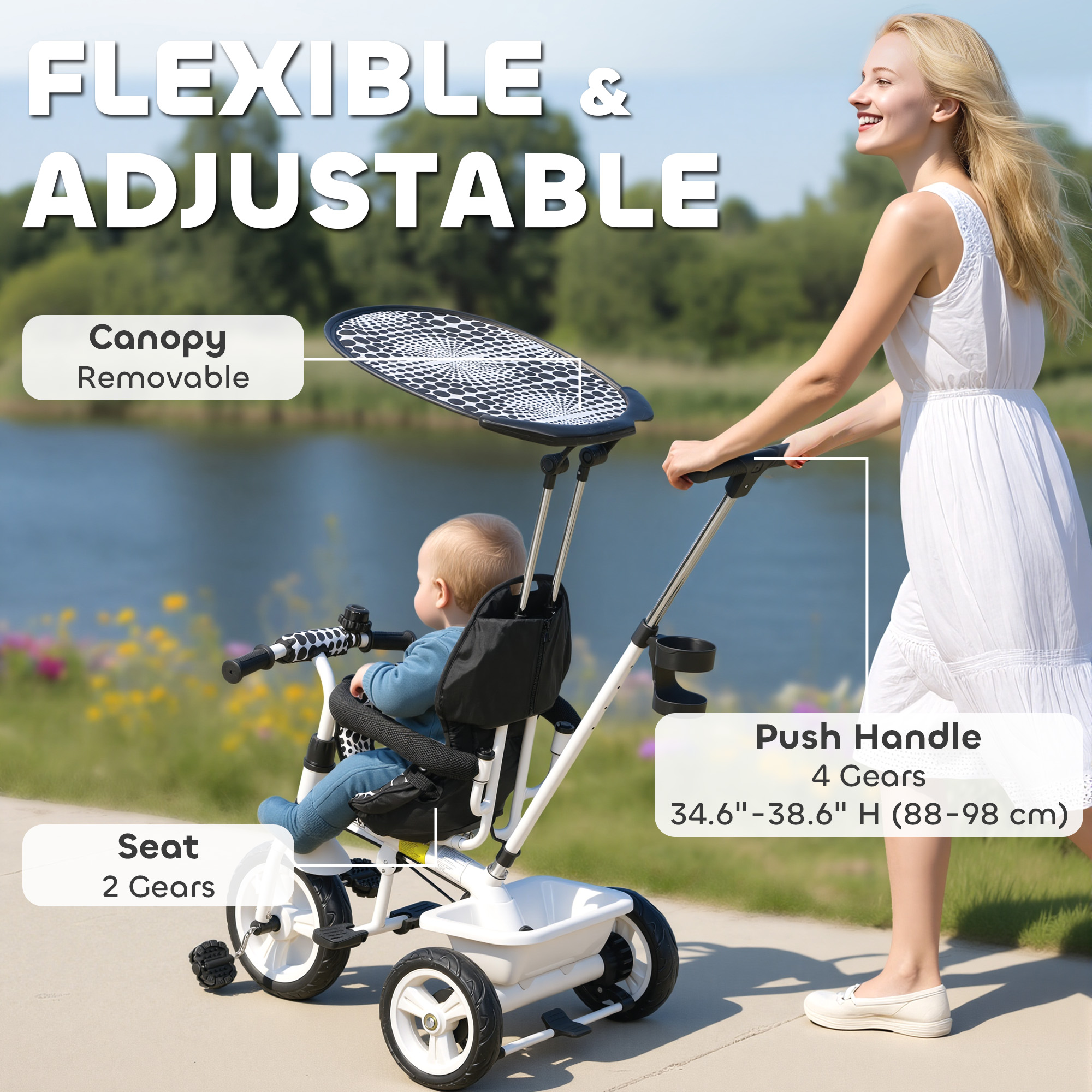 6 In 1 Tricycle For Kids With 5-point Harness Straps, Removable Canopy, White — image 2