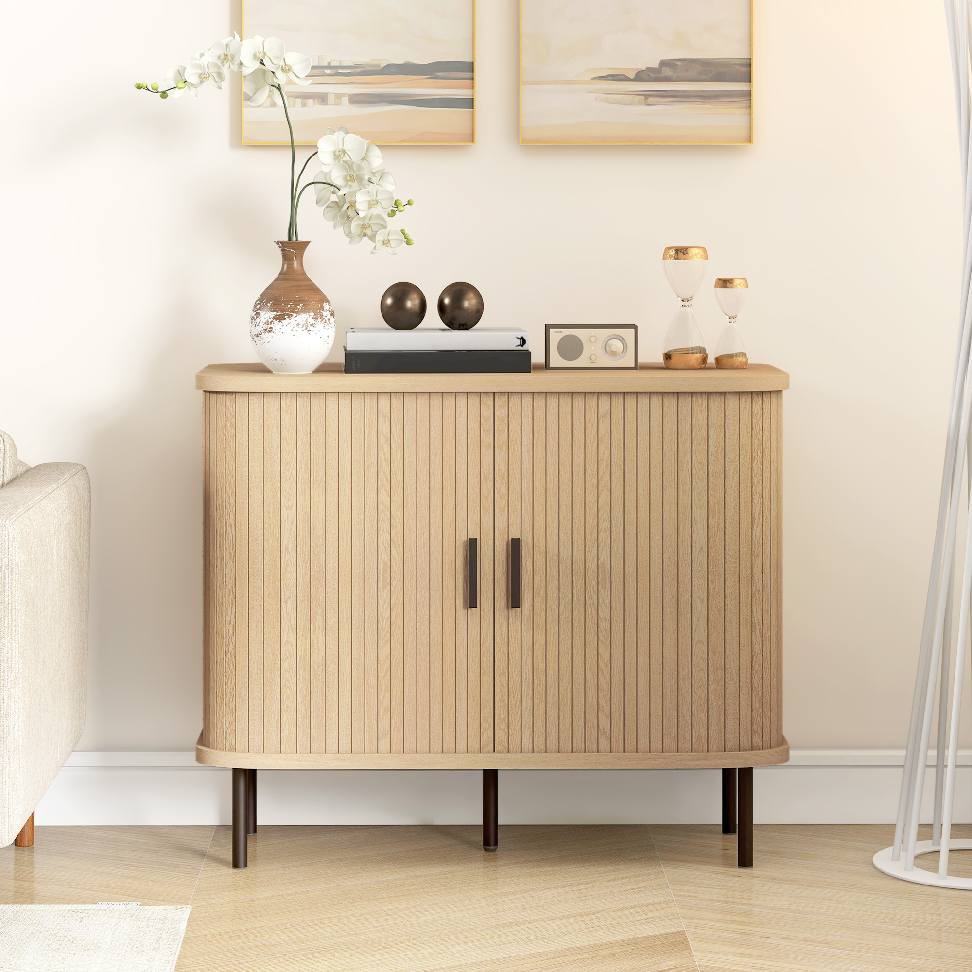 Mid-Century Modern Sideboard Storage Cabinet With Slatted Tambour Sliding — image 5