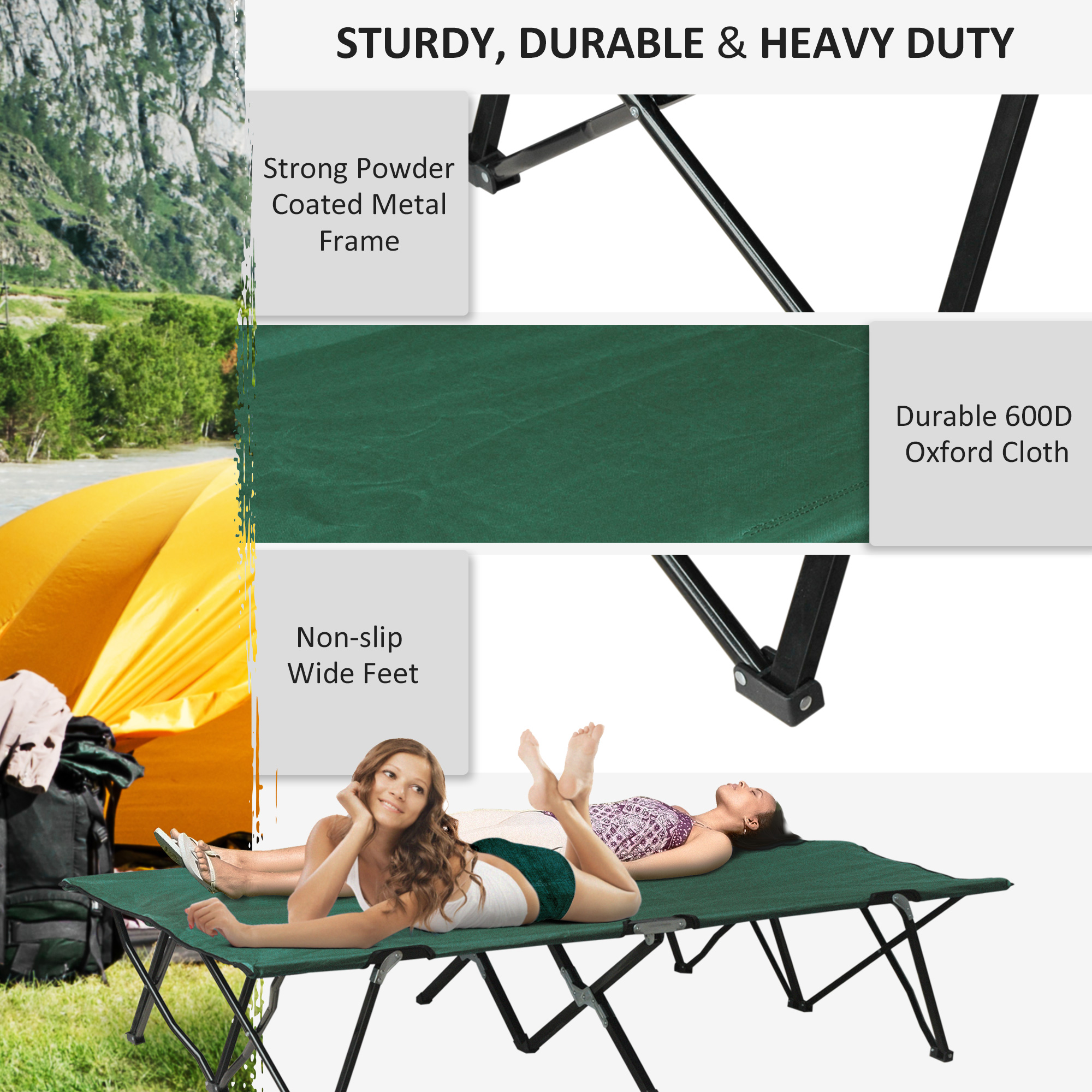  2 Person Folding Camping Cot for Adults, 50" Extra Wide Outdoor Portable Sleeping Cot with Carry Bag, Elevated Camping Bed, Beach Hiking, Green
