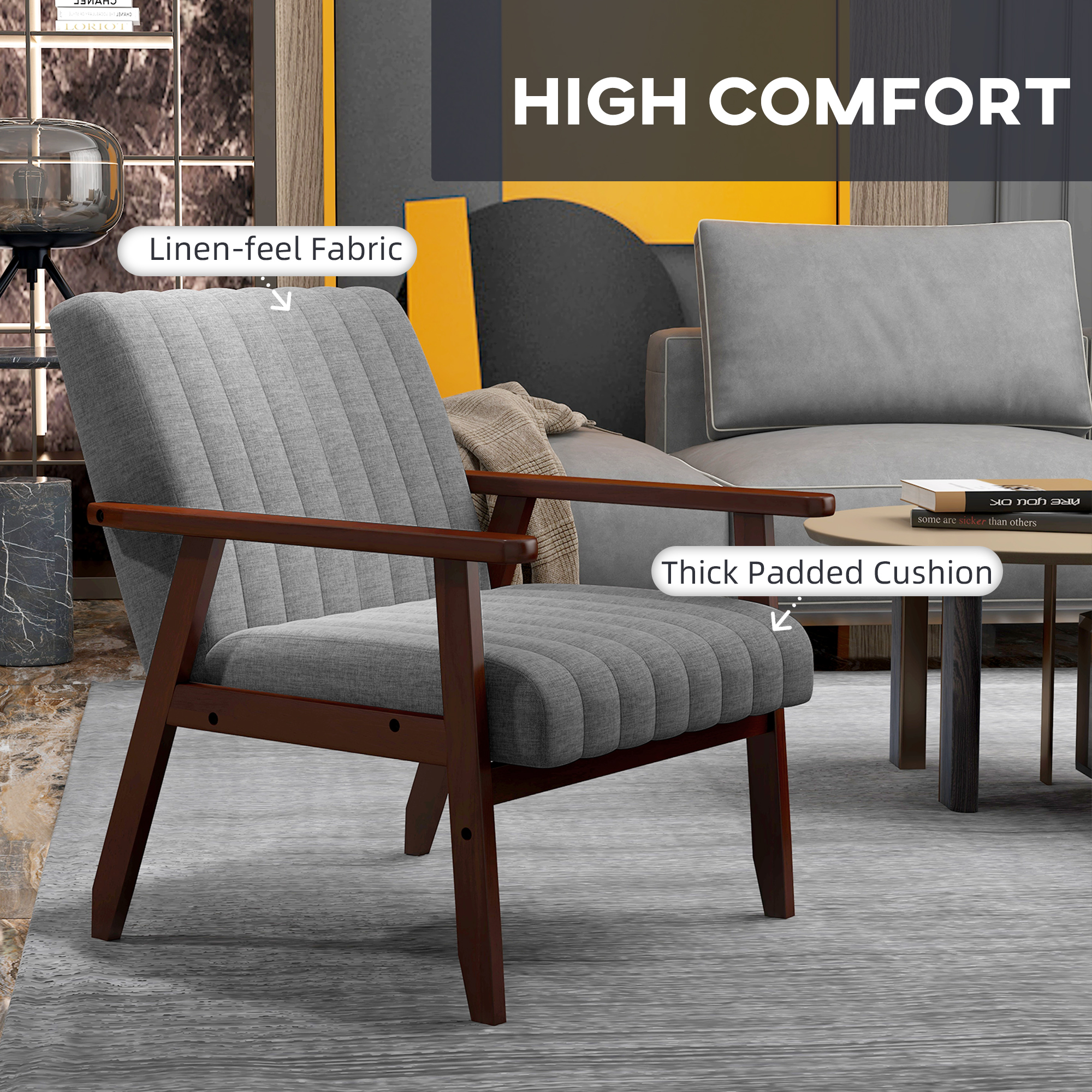 Mid Century Accent Chair, With Wooden Legs - Grey — image 4