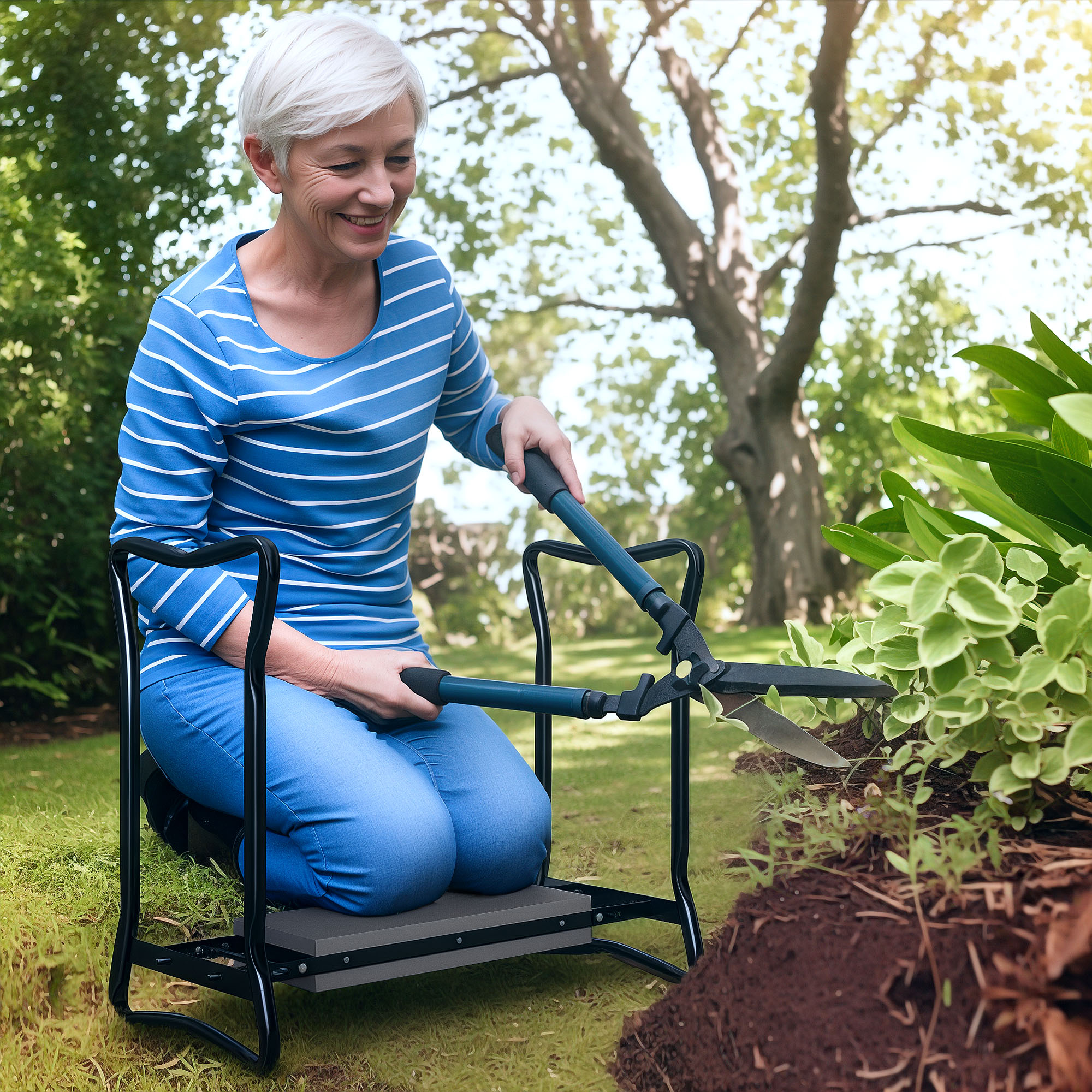 Garden kneeler flipped to seat mode showing dual-use design
