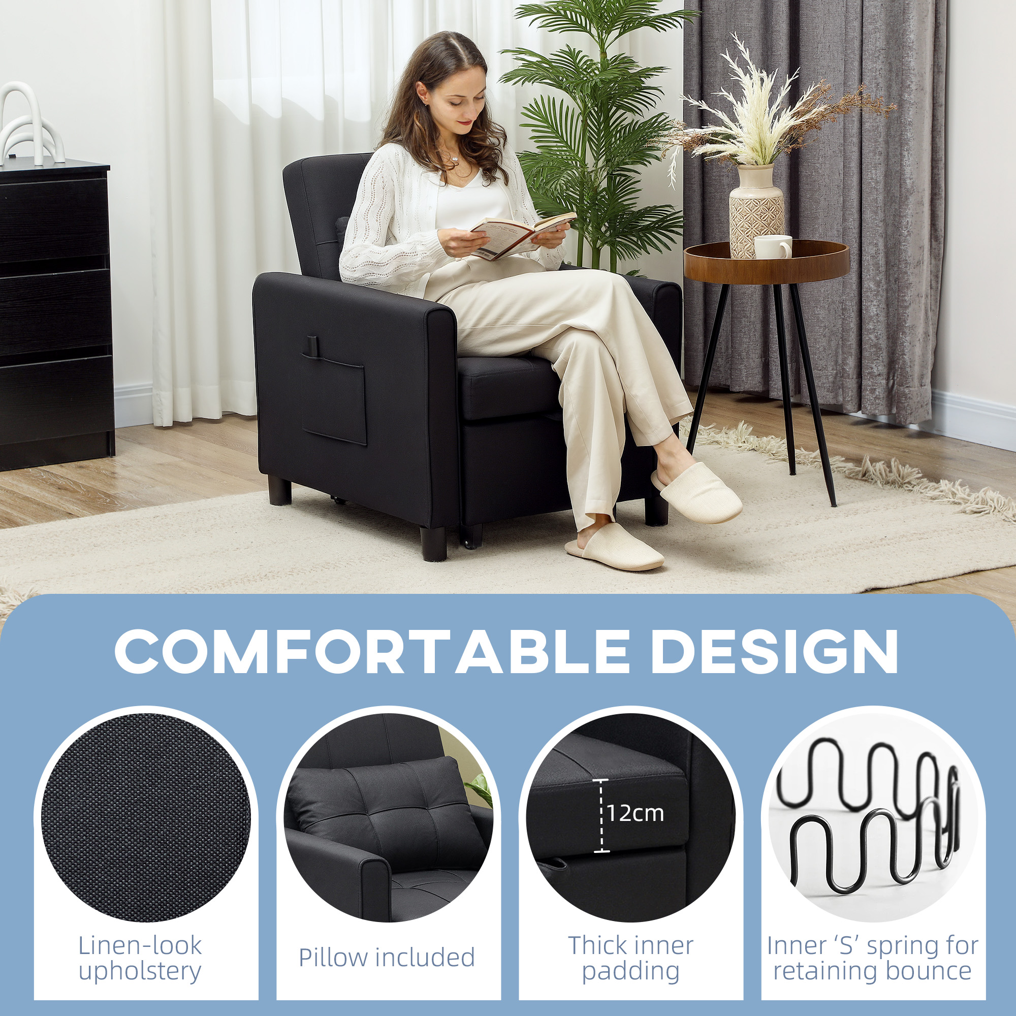 3-In-1 Linen-Look Single Chair Bed With 11cm Thick Adjustable Back & Eucalyptus — image 5