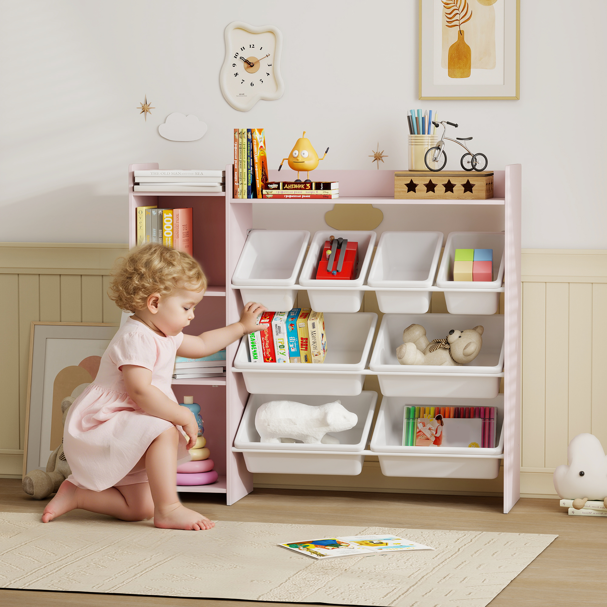 Toy Storage Unit With 8 Removable Bins, Shelves, Cabinet, Pink — image 5