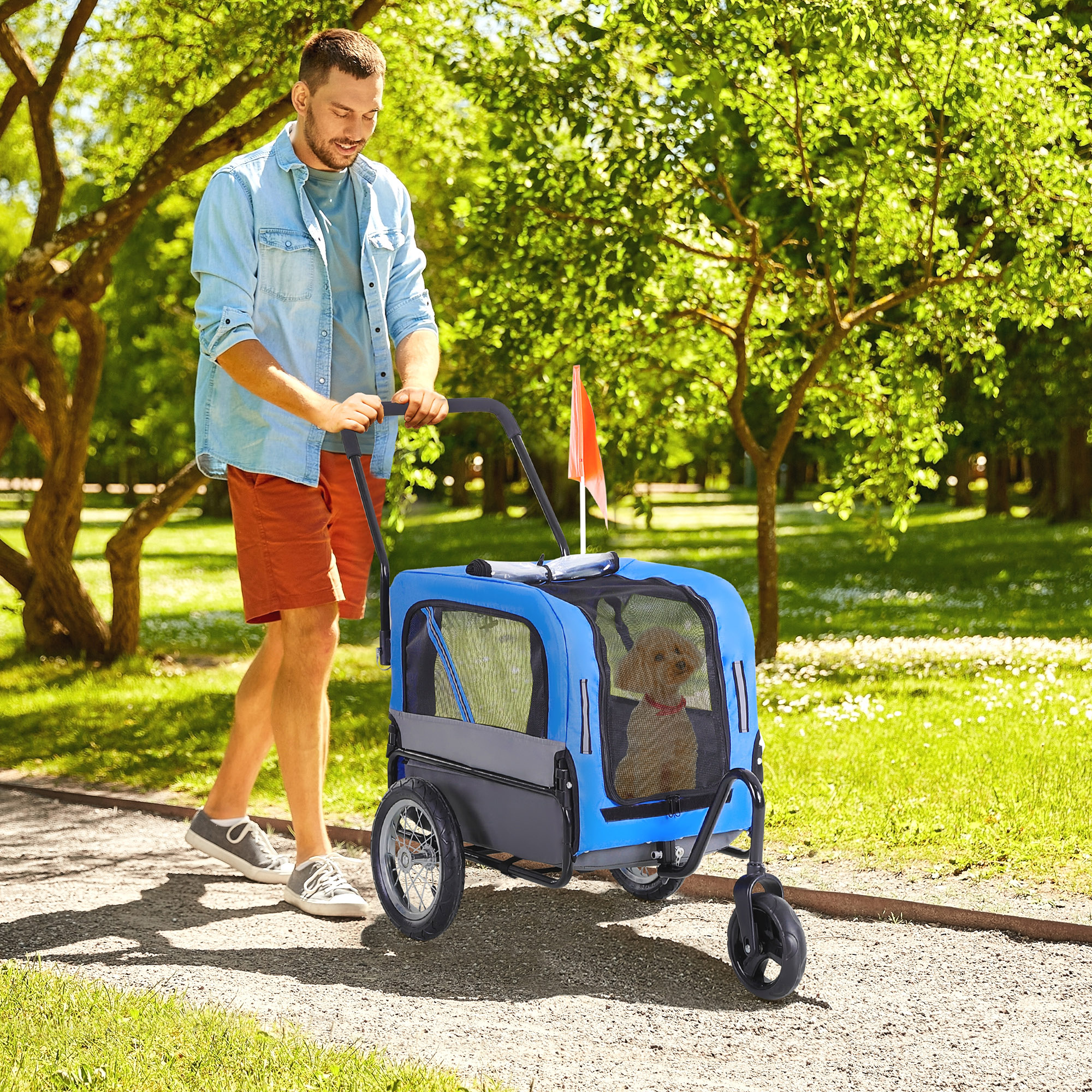2-in-1 Small Dog Bike Trailer and Stroller with Hitch, Blue