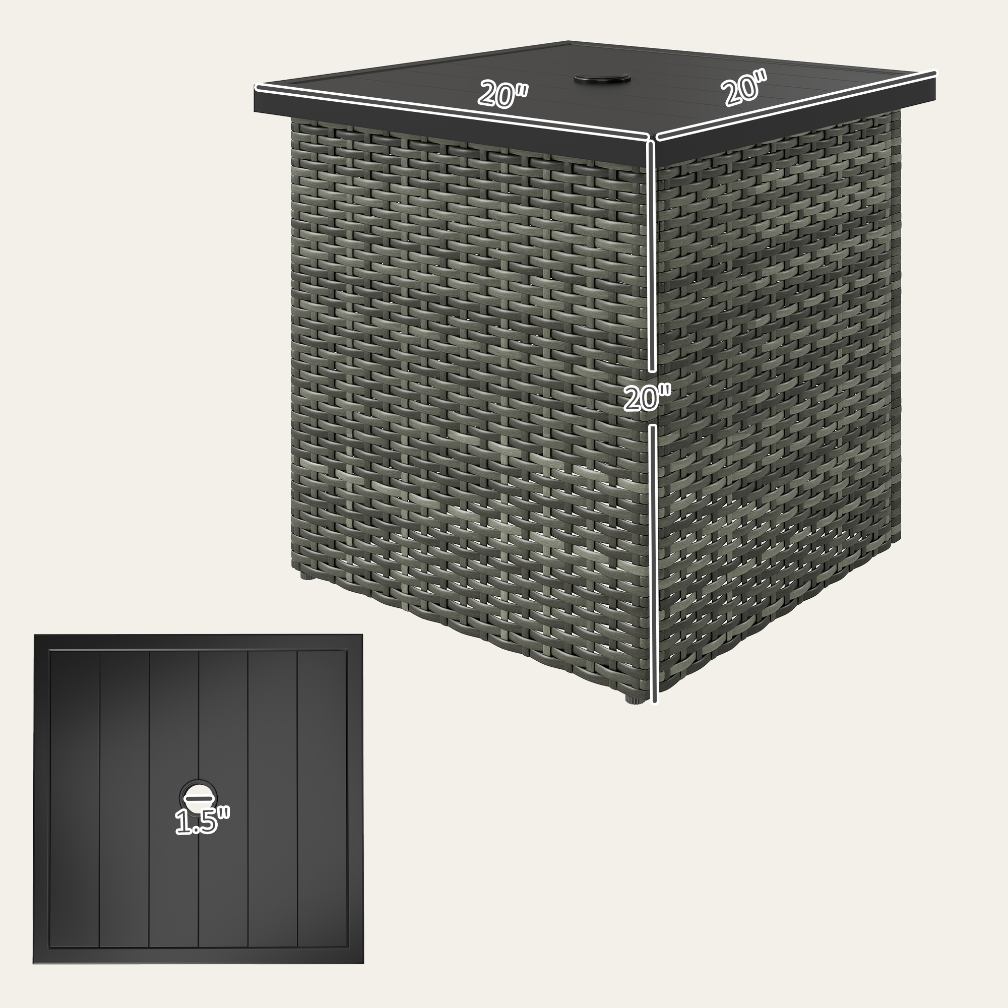  Wicker Side Table with 1.5" Umbrella Hole, Square Outdoor End Table with UV-Resistant Frame, Storage Space, Mixed-Gray