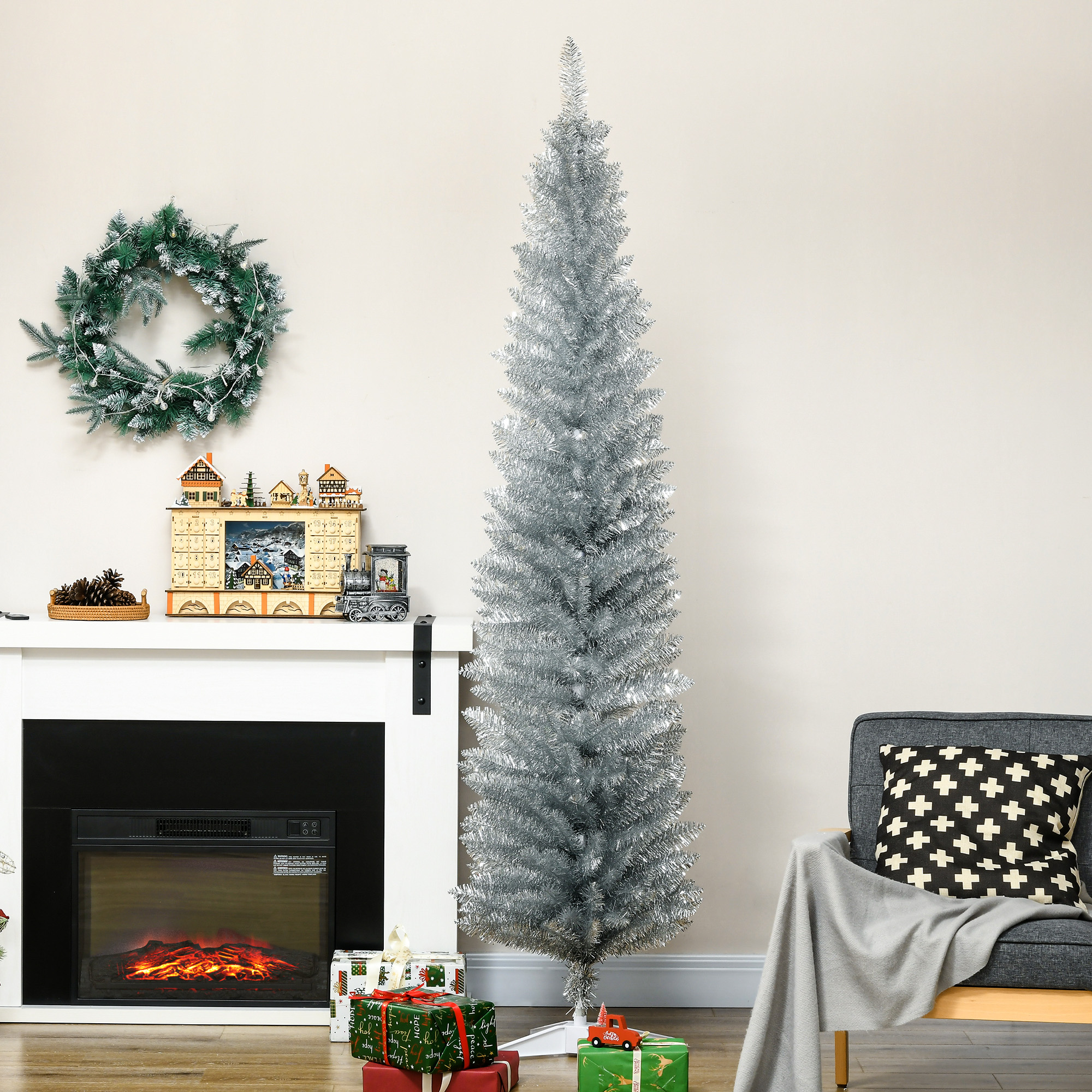 7FT Decorated Christmas Tree, Pencil Christmas Tree with 499 Realistic Branch Tips and Plastic Stand, Silver