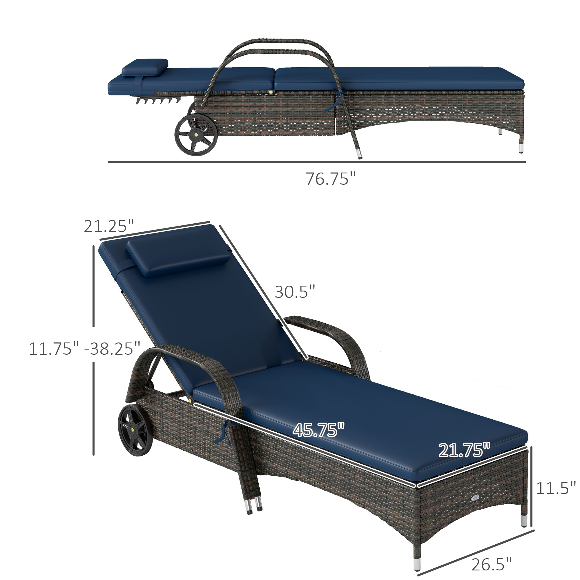  2 Reclining Chaise Lounge Chairs, Rolling Outdoor Chairs with Cushion, Pillow, Headrest, Armrests, and Wheels, Dark Blue