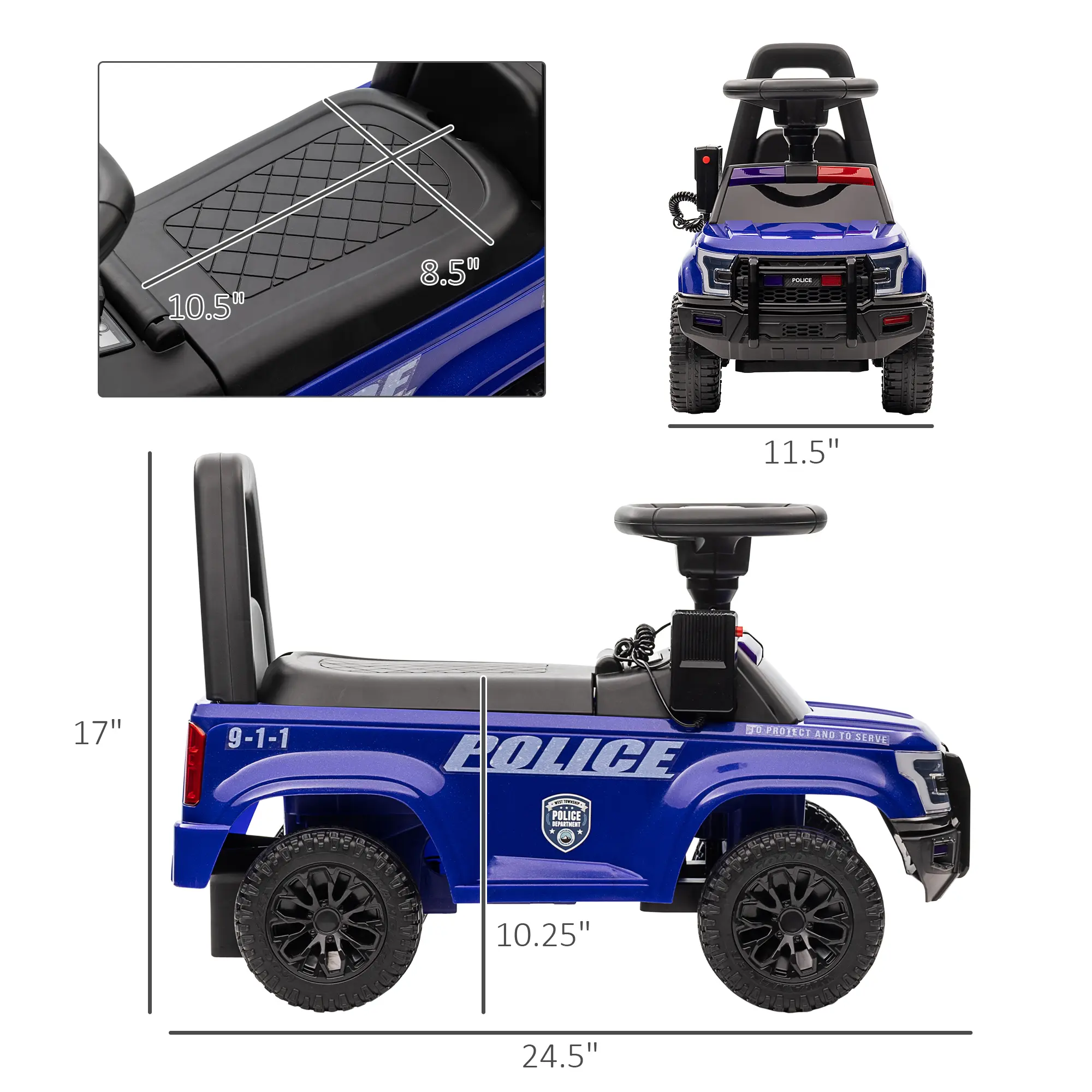 Kids Push Ride On Car with Working PA System and Horn, Police Truck Style Foot-to-Floor Sliding Car for Boys and Girls with Under-Seat Storage, for 18 Months t