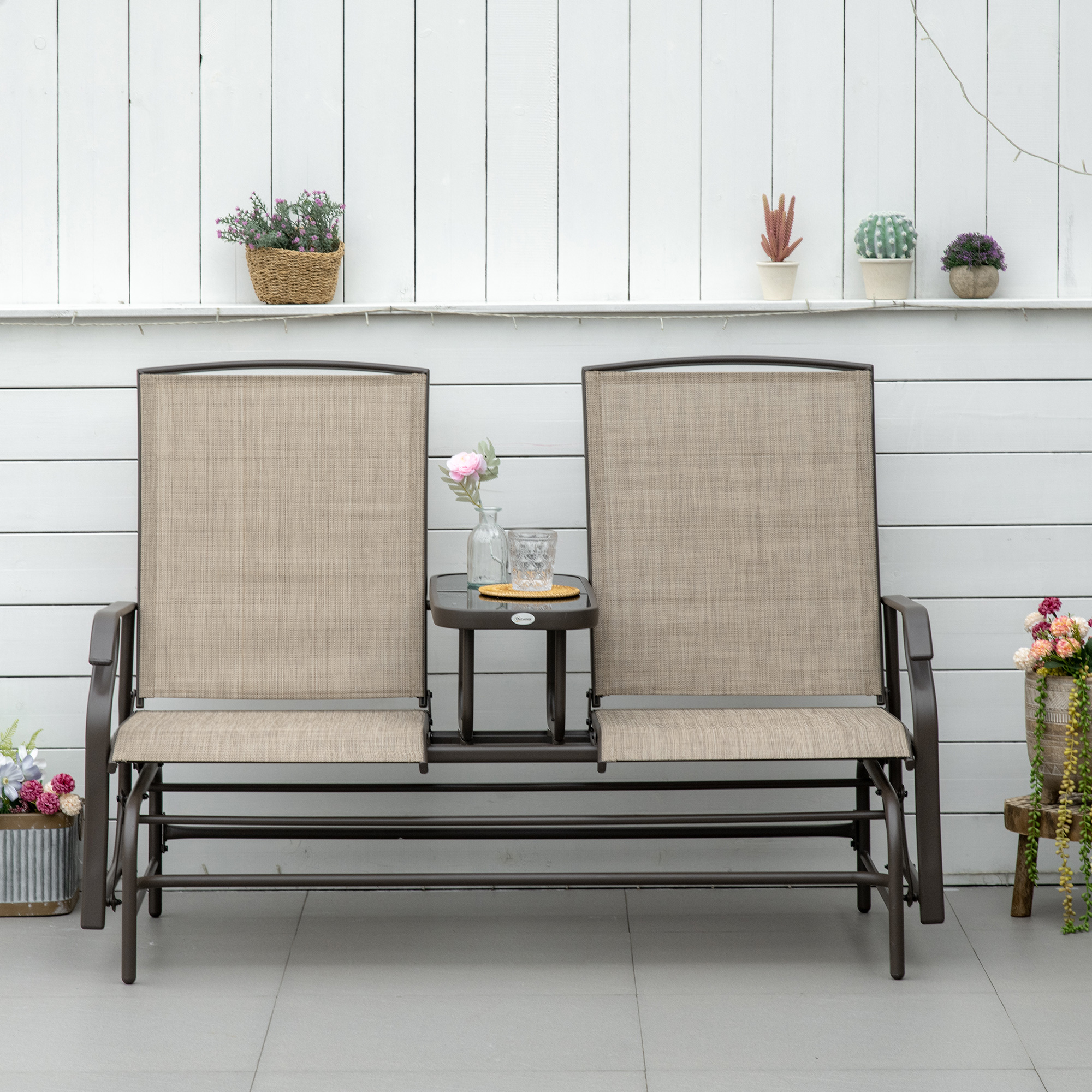 Outdoor Glider Bench with Center Table, Metal Frame Patio Loveseat with Breathable Mesh Fabric and Armrests for Backyard Garden Porch, Brown