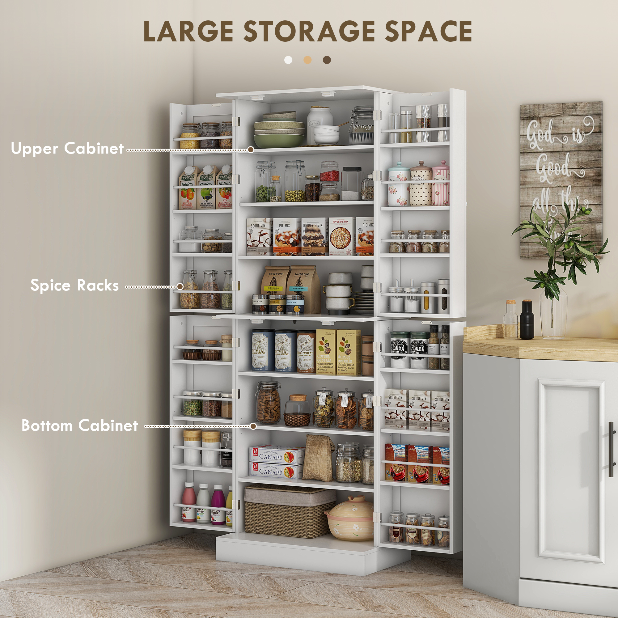 65" Kitchen Cabinet, Kitchen Pantry Cabinet with 4 Doors and 16 Door Shelves for Dining Room, White - 4