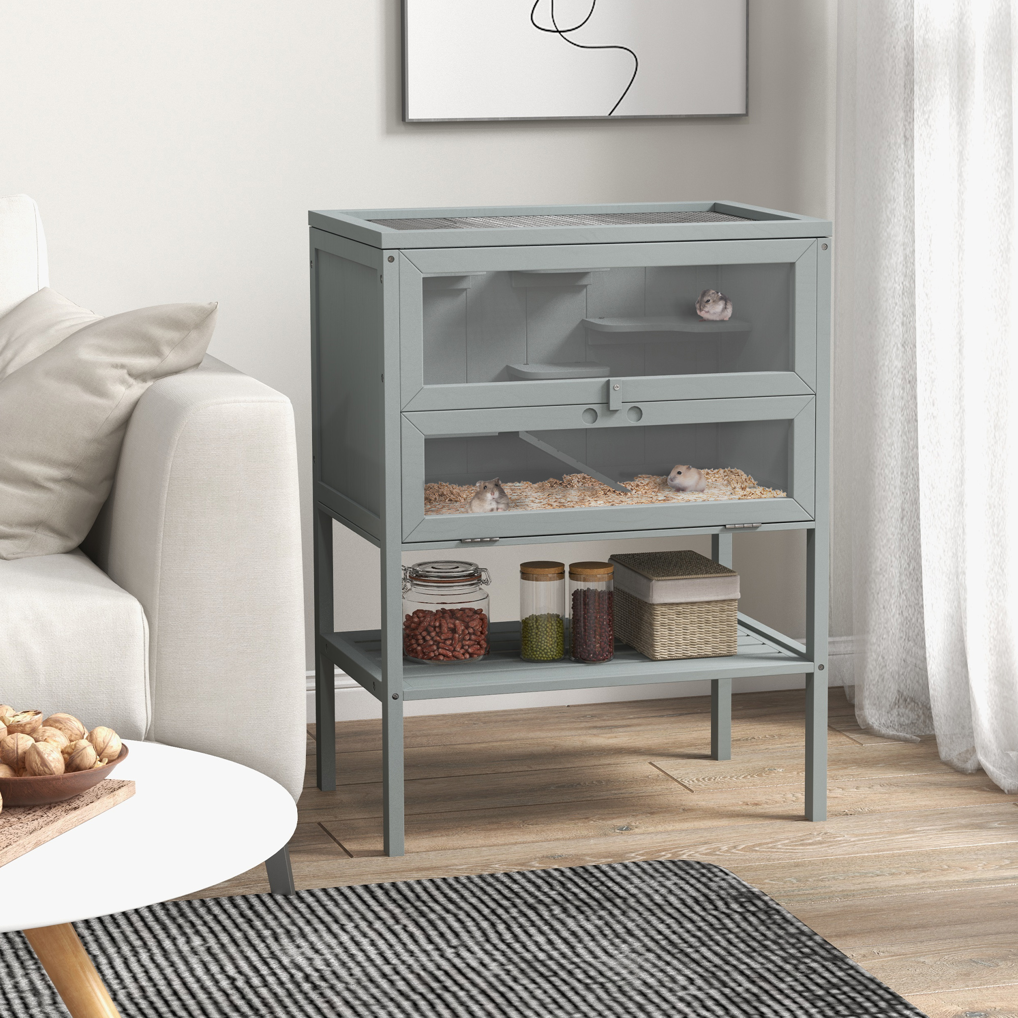  3-Tier Wooden Hamster Cage Mice and Rat Cage Small Animals Hutch with Openable Top, Front Door, Storage Shelf, Gray