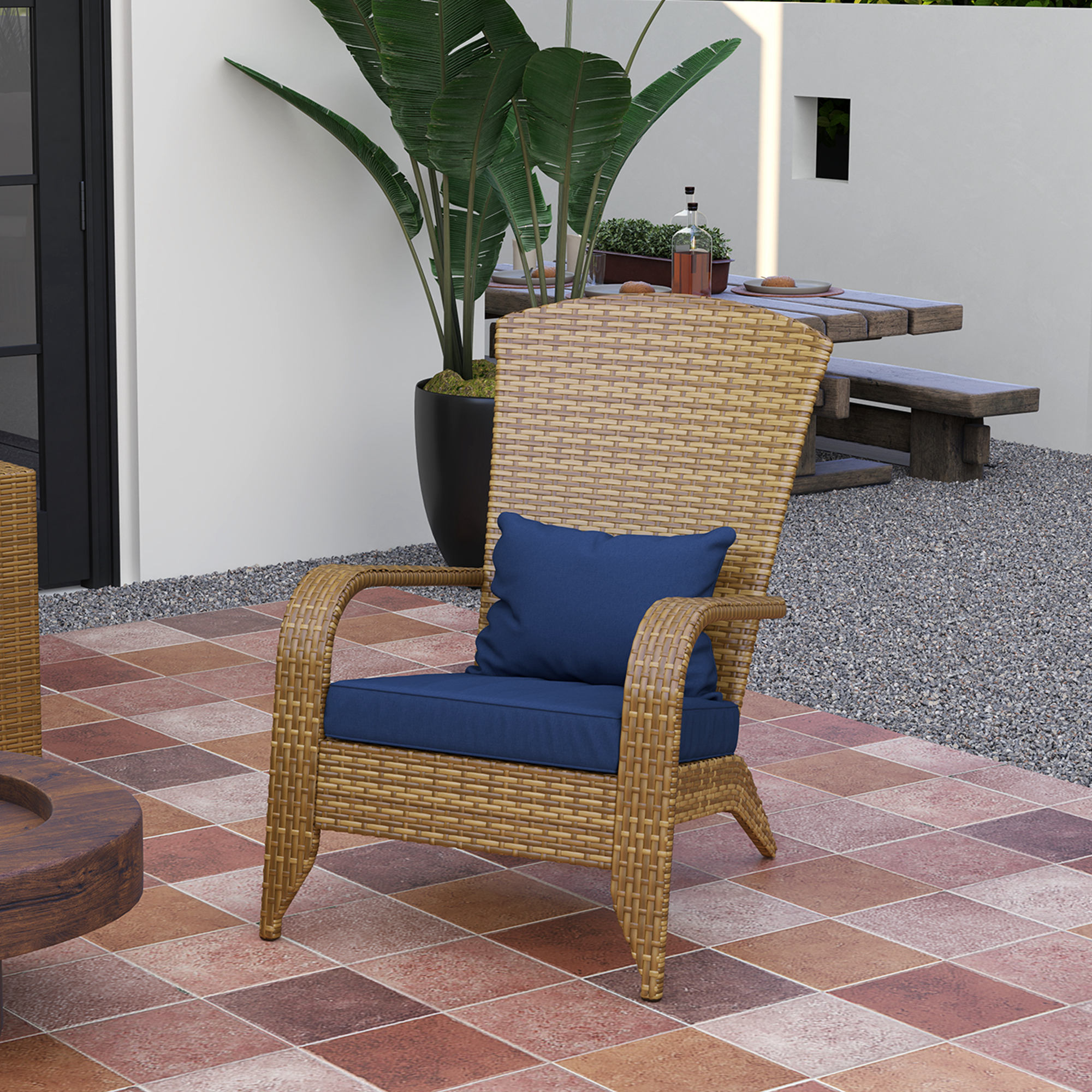Patio Adirondack Chair with Rattan Wicker, Soft Cushions, Tall Curved Backrest for Deck or Garden, Dark Blue - Image 6