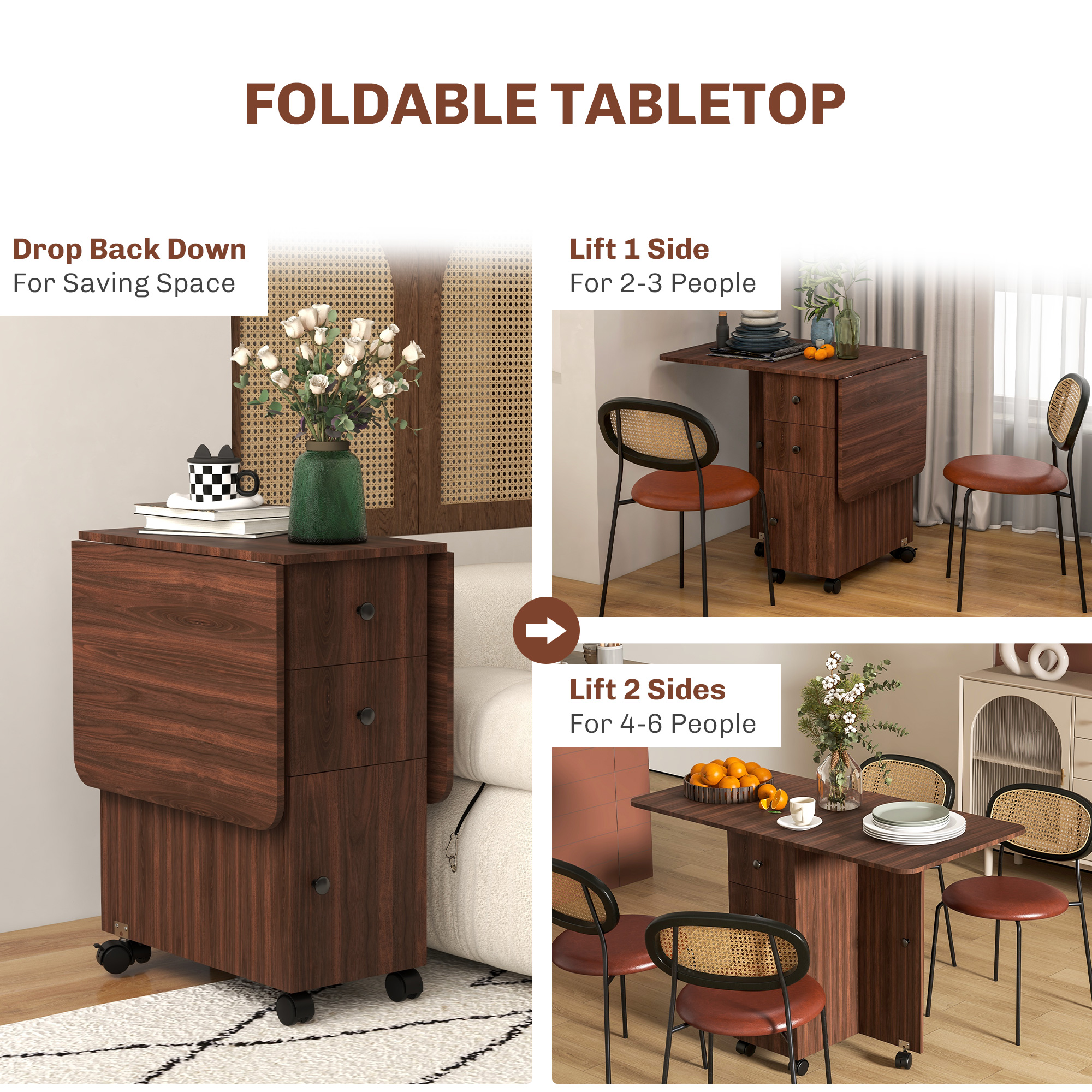 Multi-Storage Six-Person Drop Leaf Dining Table - Distressed Brown — image 4