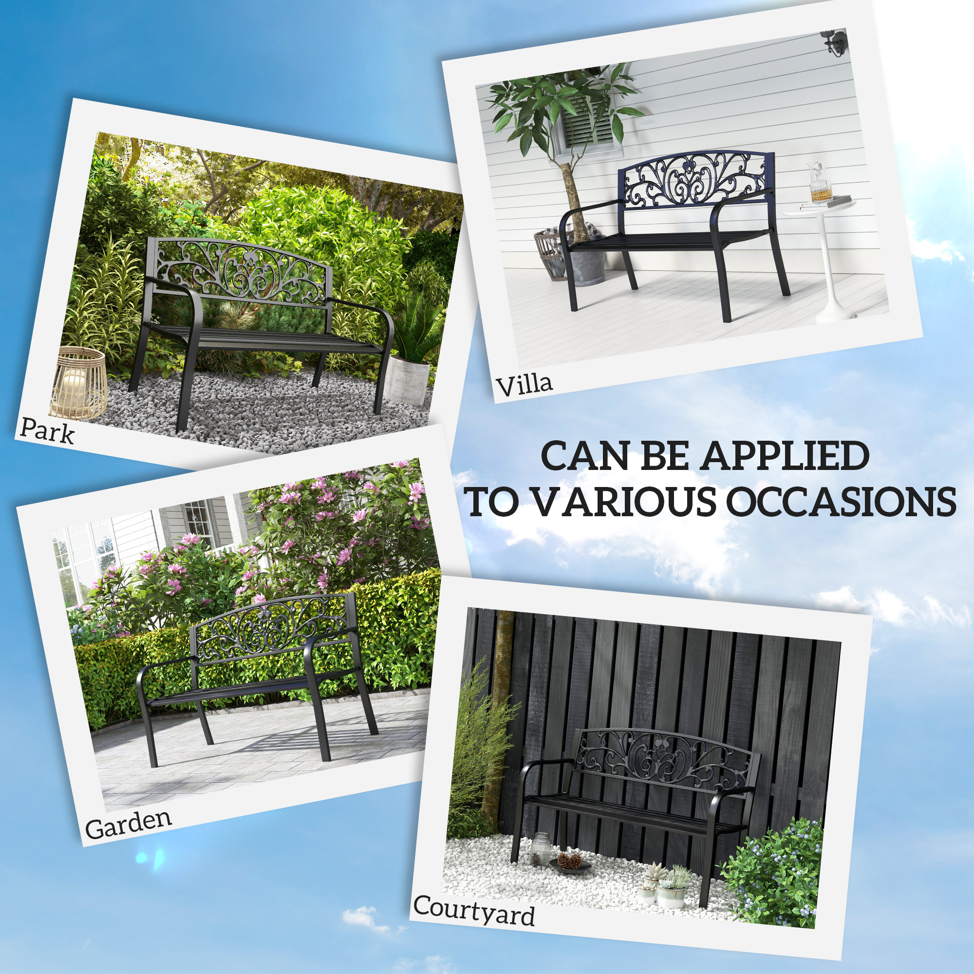 50″ Outdoor Bench, Metal Garden Bench with Floral Pattern Backrest, Porch Bench with Slatted Seat for Park, Yard, Lawn, Black