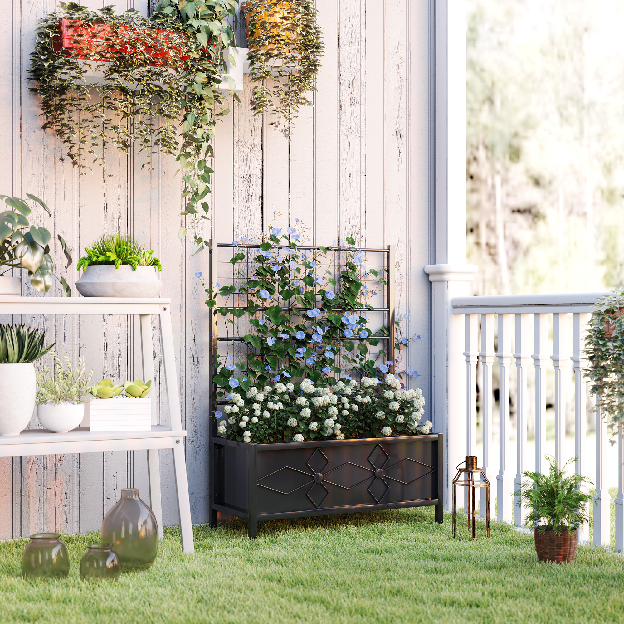 Outdoor Planter Box Galvanized Raised Garden Bed with Trellis for Climbing Vines, 35.4" x 15.7" x 47.2", Black