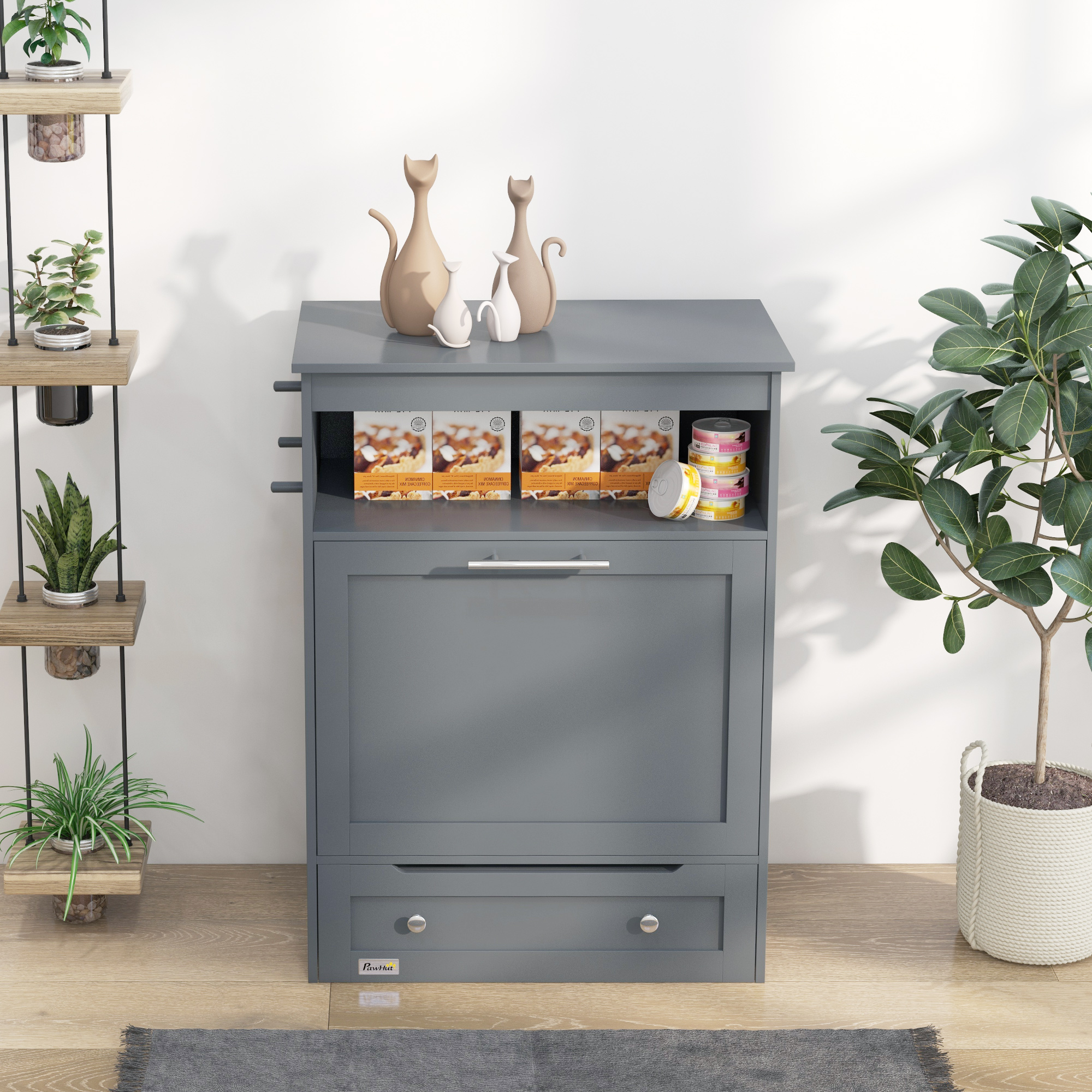  Pet Feeder Station Storage Cabinet, Dog Food Storage Container with Dog Raised Bowls, Watering Supplies, Gray
