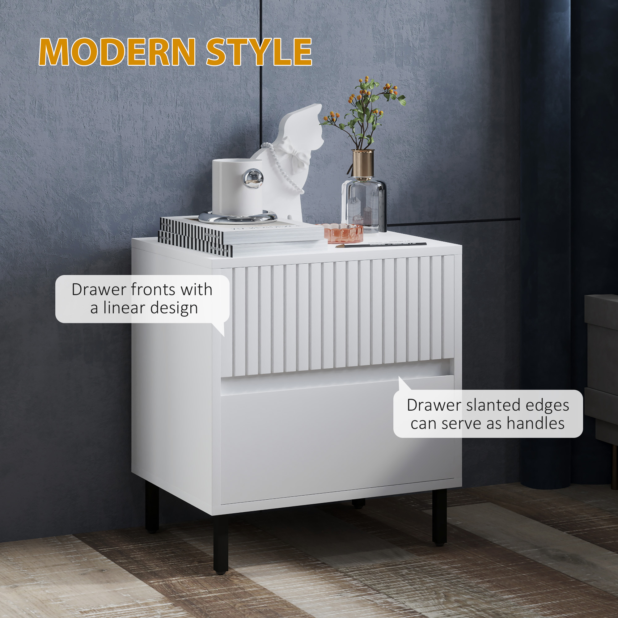 Simple Line Indented Two-Drawer Bedside Table - White — image 2