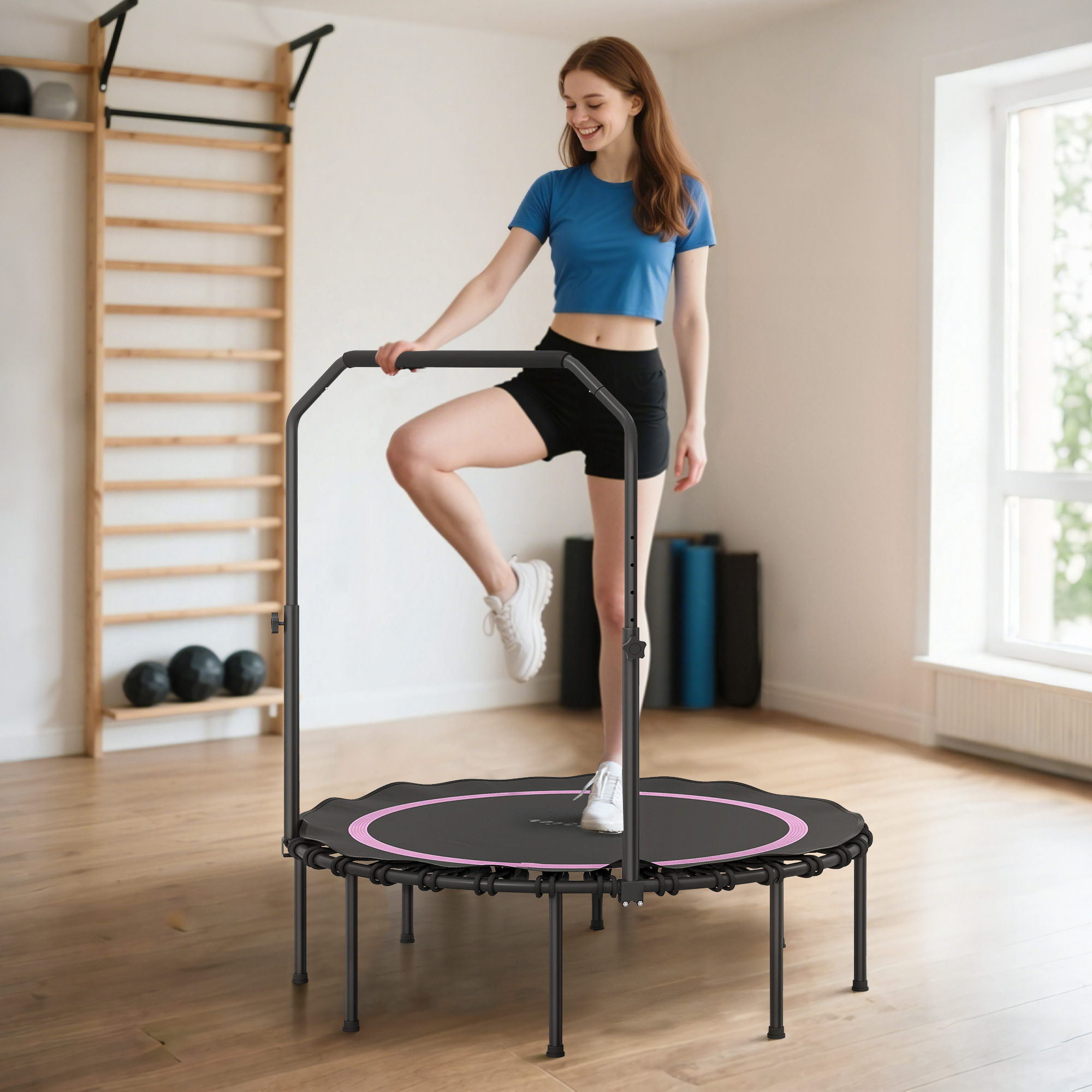 45" Rebounder Trampoline for Adults, Foldable Mini Trampoline with Adjustable Handle Bar for Indoor Outdoor, Pink